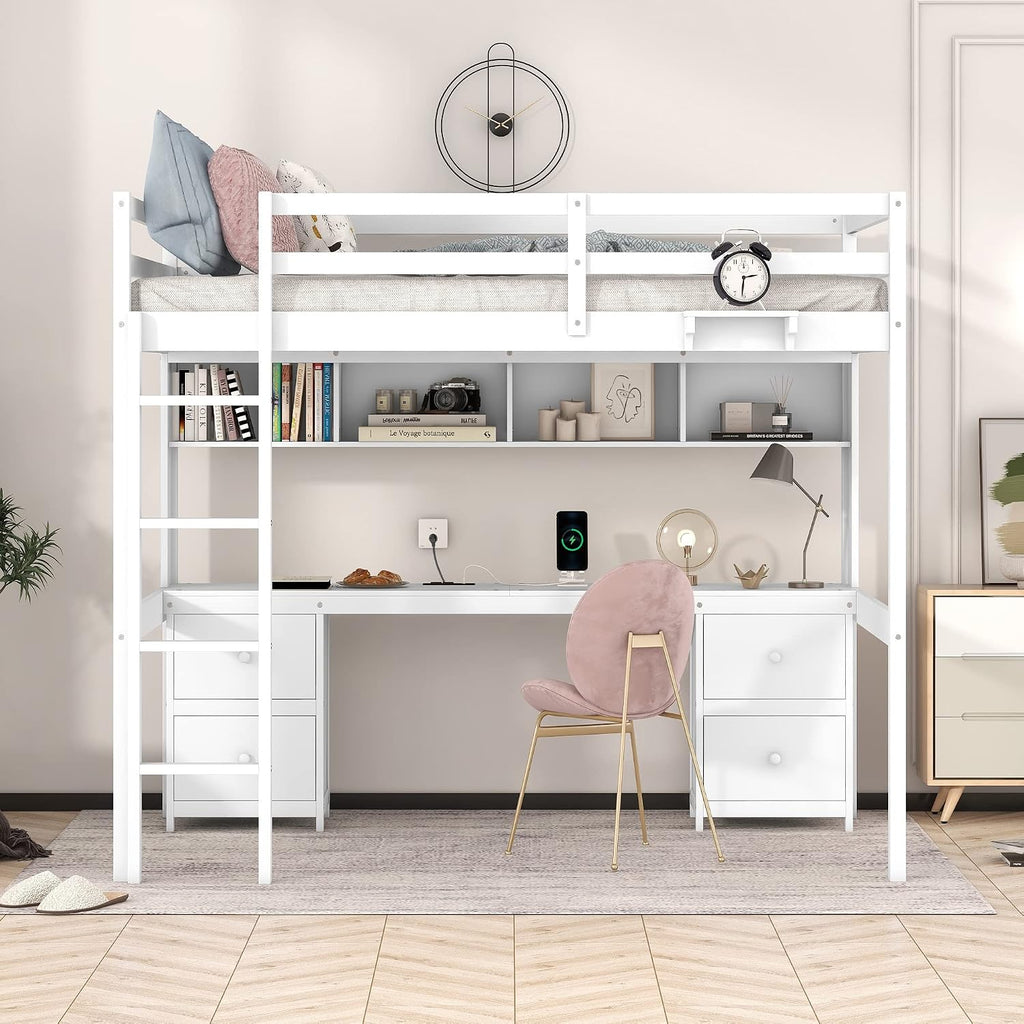 Full Size Loft Bed with Desk and Cabinets,Multifunctional Storage Solid Wood Bed Frame w/Drawers,Bedside Tray,Charging Station,Integrated Ladder,for Bedroom,Apartment,White
