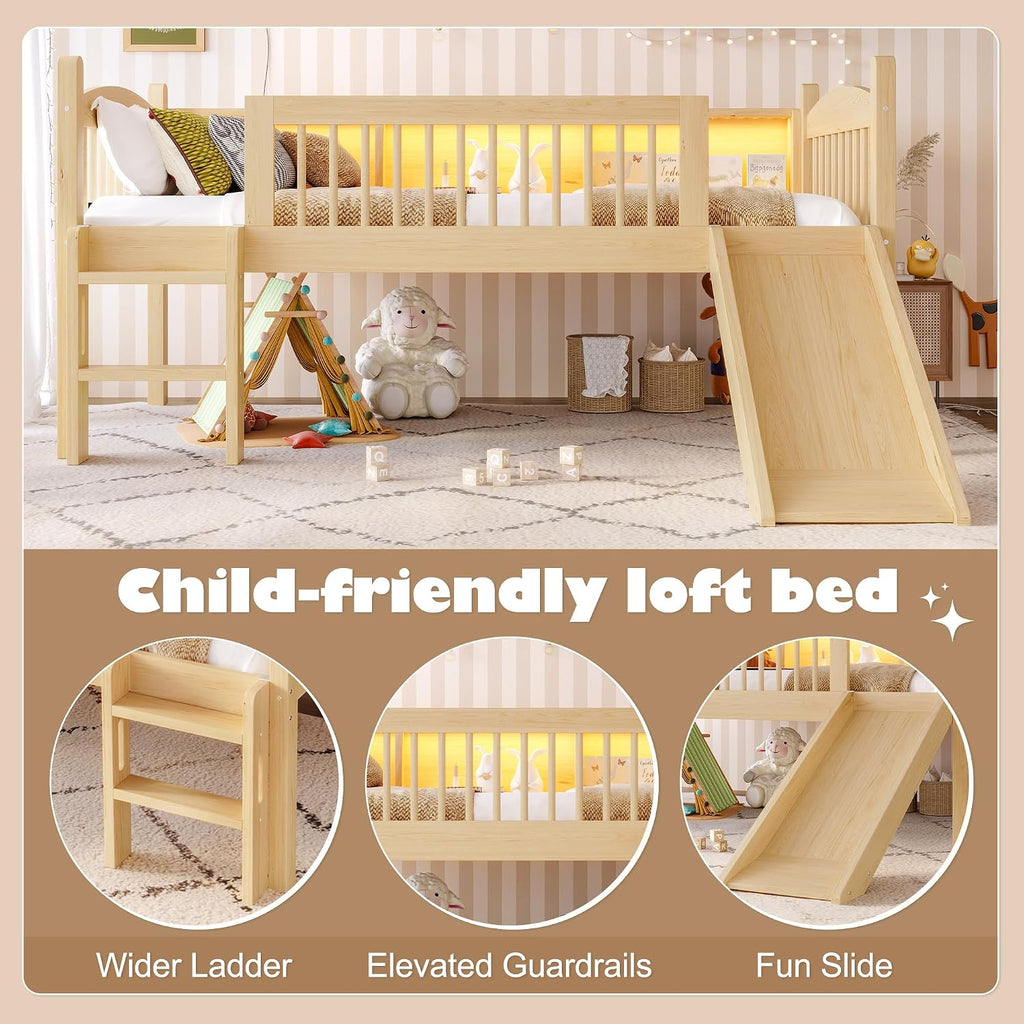 JIVOIT Twin Loft Bed with Storage Shelves, Solid Wood Lower Loft Bed with Full-Length Guardrails, Wood Slats Support, Space-Saving Design, No Box Spring Needed (Natural,Twin,51)