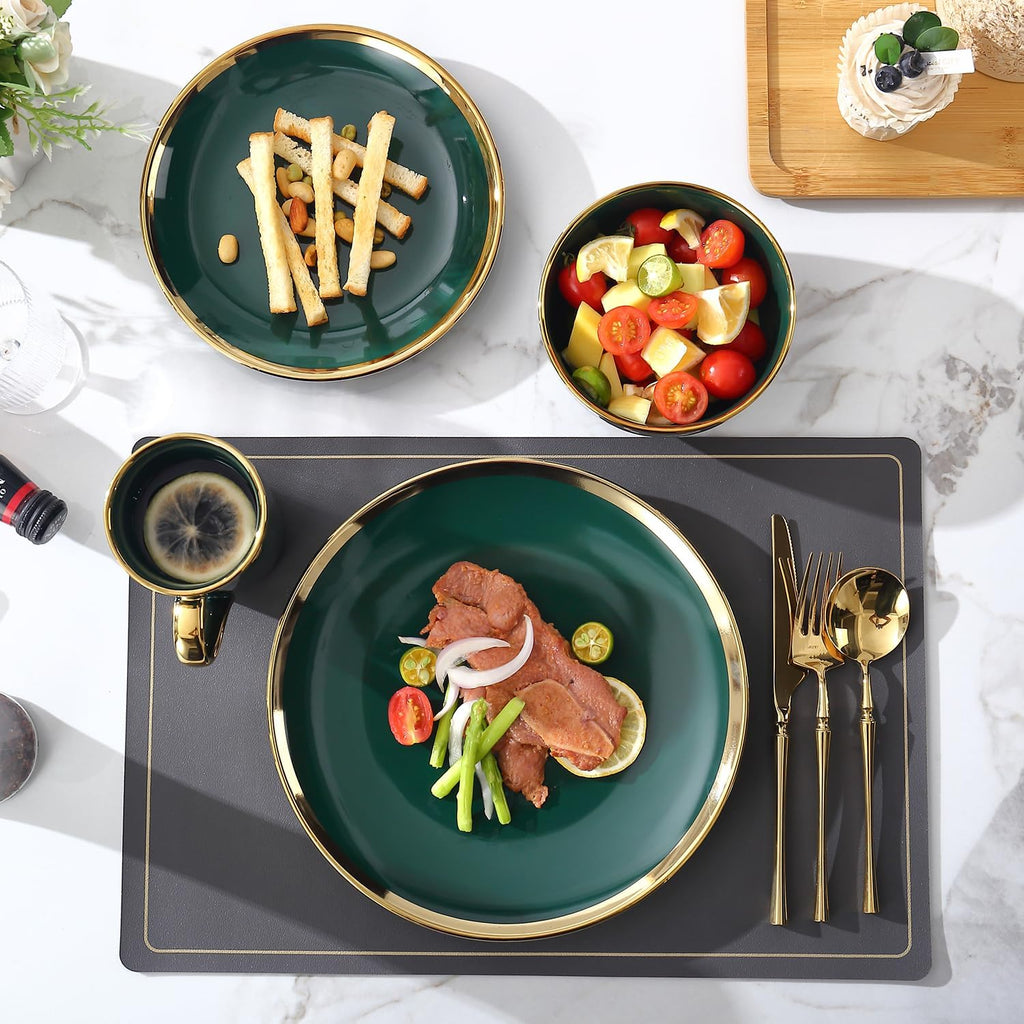 Modern 16 Piece Porcelain Green and Gold Dinnerware Set, Stoneware Dinnerware Sets for 4, Plates and Bowls Sets, Dish Set with Gold Trim,Dishes