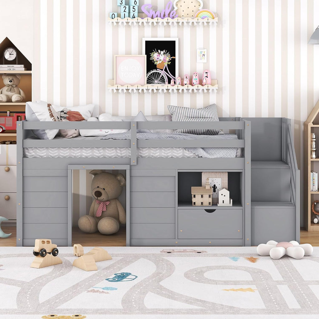 JIVOIT Twin Size Loft Bed with Bookshelf and Storage Drawer, Storage Staircase and Window Design, Wooden Low Loft Bed Frame with Full-Length Guardrail for Kids Teens (Gray, Bookshelf+Drawer 7)