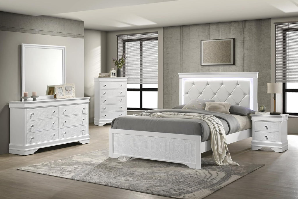 Upholstered 5 Pc Full Bedroom Set with LED Headboard Made with Wood in White