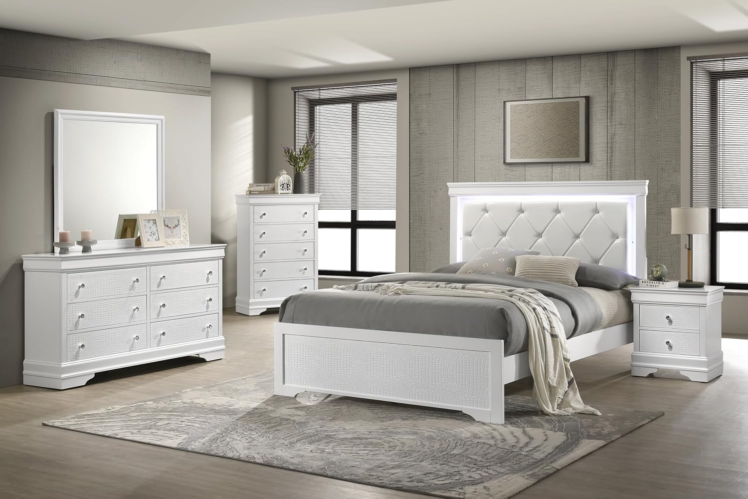 Upholstered 5 Pc Full Bedroom Set with LED Headboard Made with Wood in White