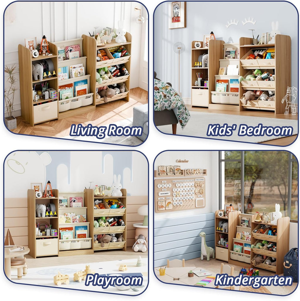 IKALIFE Kids Toy Book Storage Organizer - Large Bookshelf with 7 Removable Bins, Baby Bookshelf and Toy Storage, 4-Tier Book Shelf for Kids Room, Playroom, Classroom, 51 inch, Burlywood