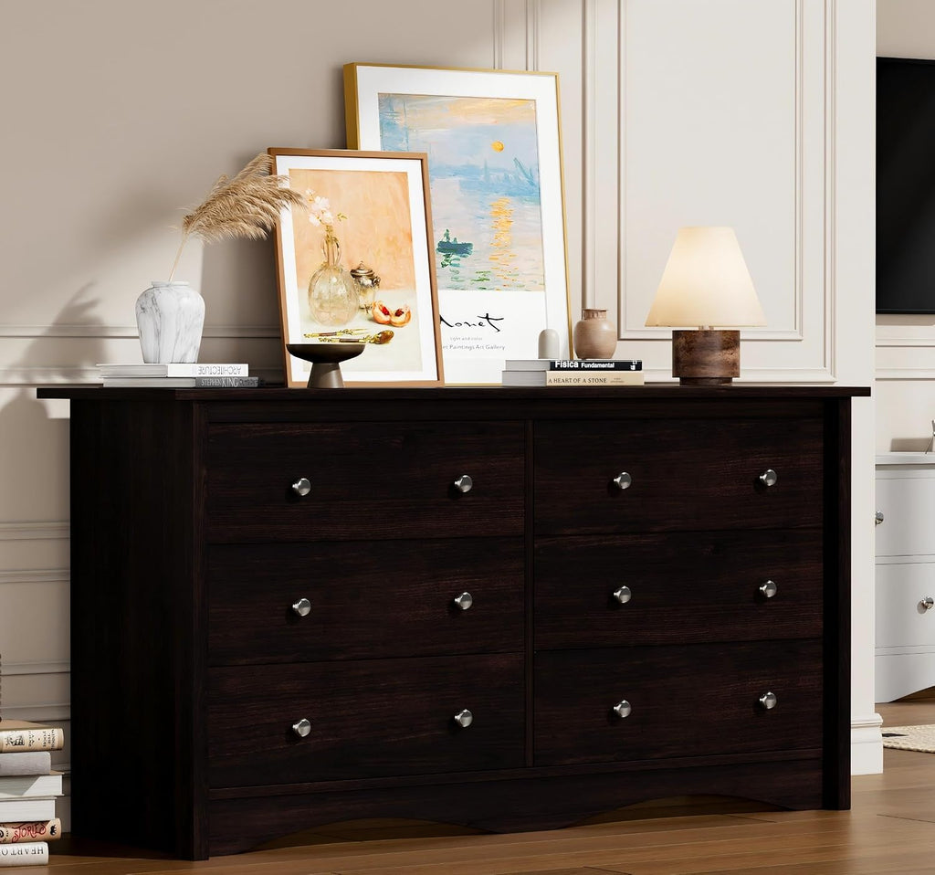Flamaker Dresser for Bedroom, 6 Drawer Dresser, 47.2'' Wood Dressers, Wide Chest of Drawer, Storage Drawers, Storage Organizer for Closet, Hallway (Brown)
