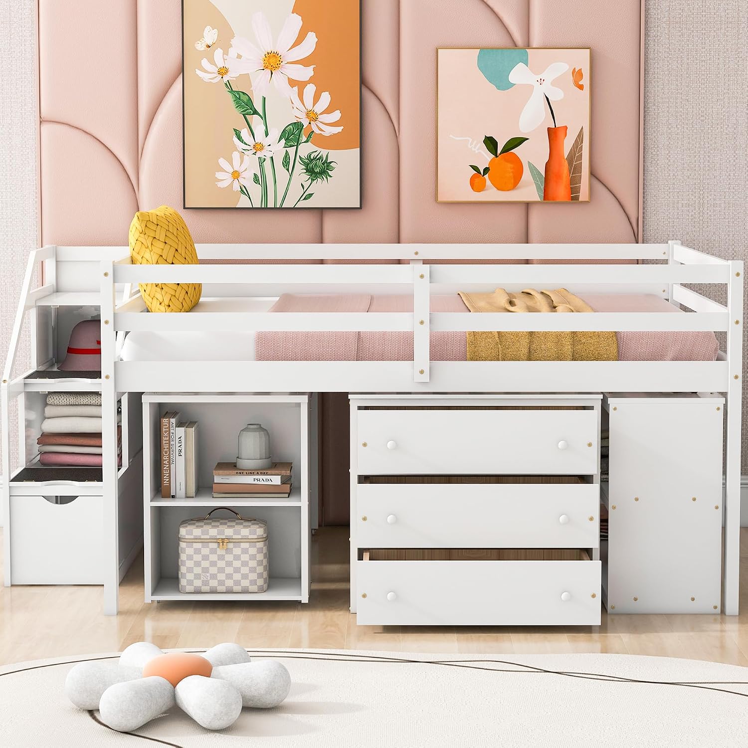 Full Size Loft Bed with Retractable Writing Desk, Wooden Loft Bed with 3 Drawers and Shelves, Storage Stairs, Versatility Low Loft Bed Storage Bed for Kids Boys Girls Bedroom (White,Storage Stairs)