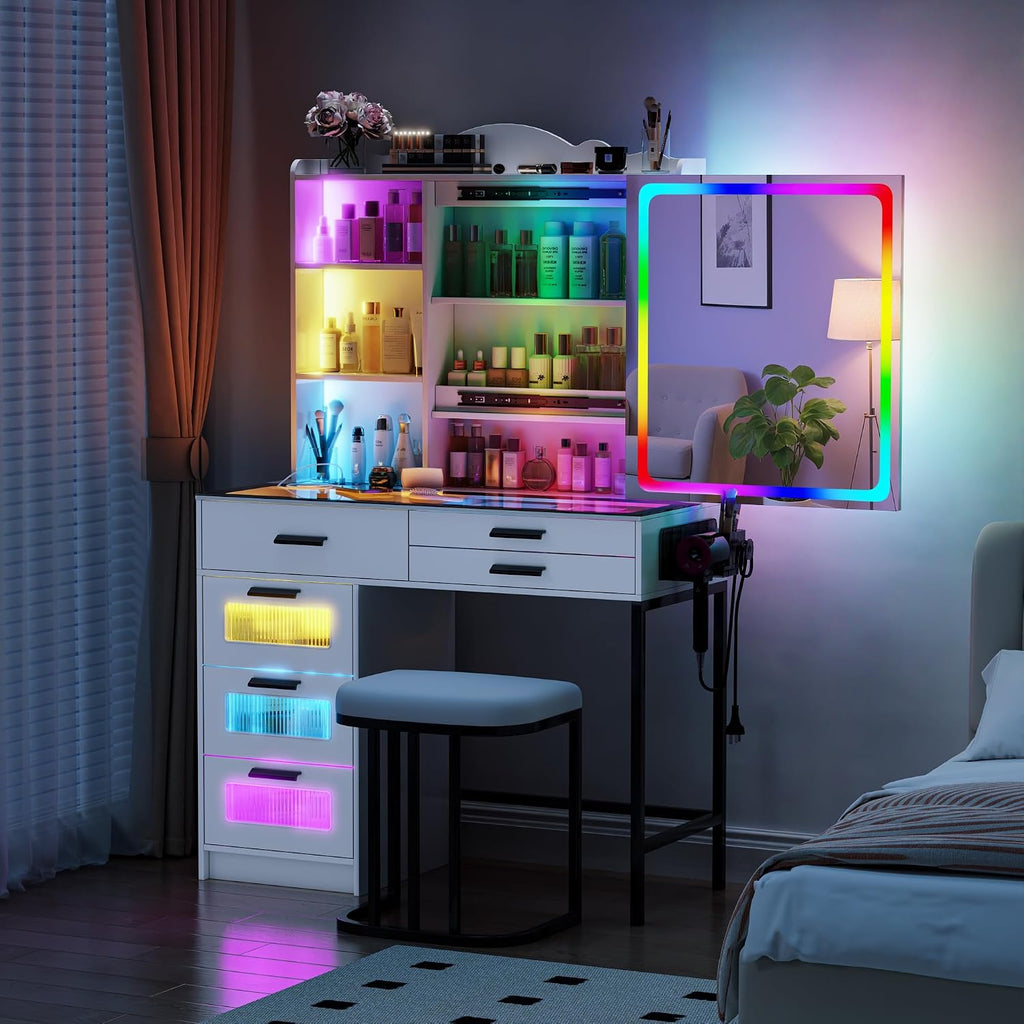 Glass Top Makeup Vanity Desk with RGB LED Light & Adjustable Mirror, Modern Makeup Dresser with Charging Station,Vanity Table Set with 6 Drawers & Hair Dryer Holder for Bedroom,White
