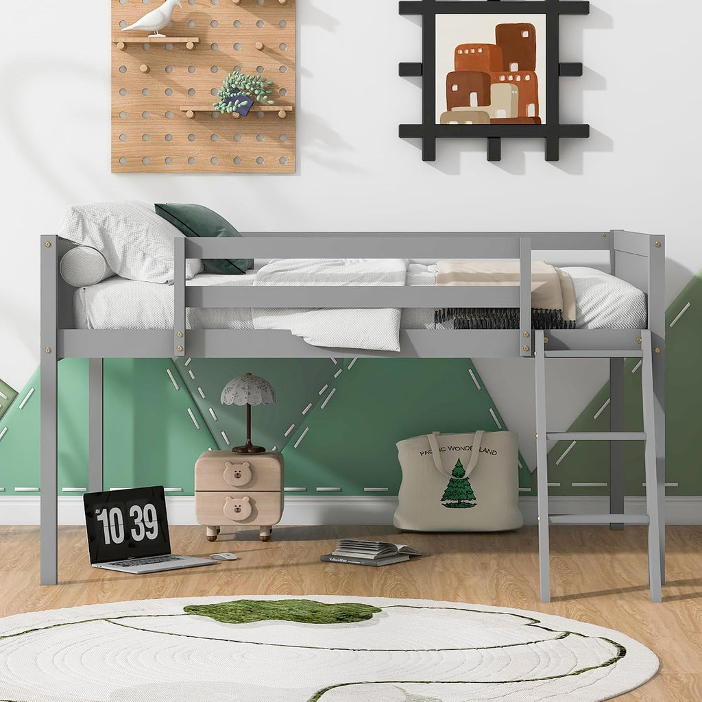JIVOIT Full Size Low Loft Bed, Wooden Loft Bed with Convertible Ladder, Ladder can be Placed on The Left or Right, Full-Length Guardrails, No Box Spring Required (Gray & Convertible Ladder,Full)