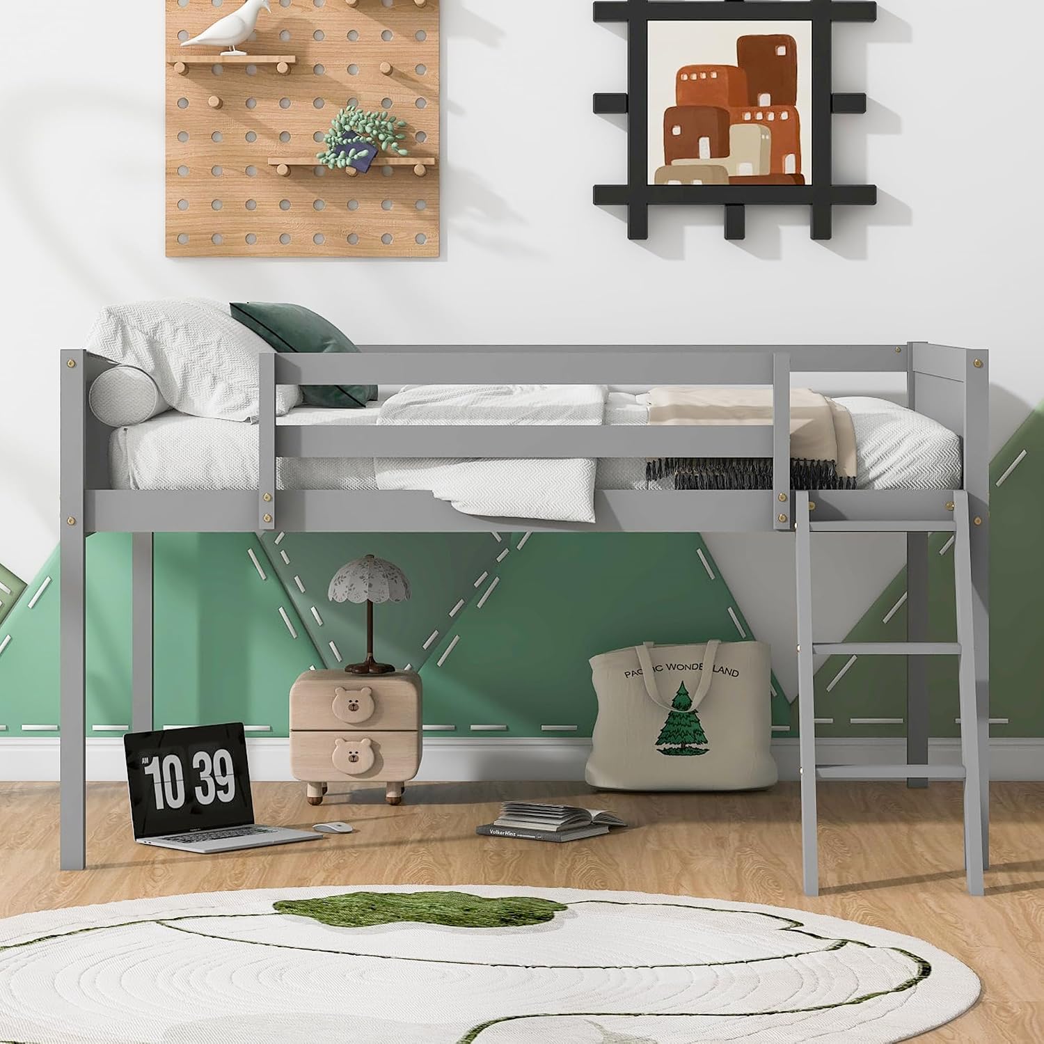 JIVOIT Full Size Low Loft Bed, Wooden Loft Bed with Convertible Ladder, Ladder can be Placed on The Left or Right, Full-Length Guardrails, No Box Spring Required (Gray & Convertible Ladder,Full)