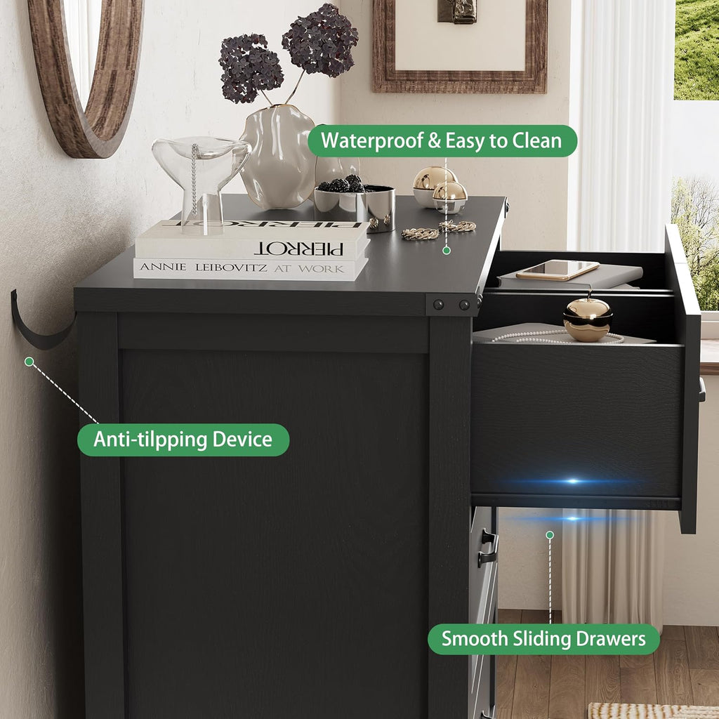 Dresser for Bedroom with 6 Drawers, 49' Tall Wood Chest of Drawers with Deep Drawers & Mental Handle, Modern Dresser TV Stand, Wooden Closet Storage Organizer for Living Room, Hallway, Entryway, Black