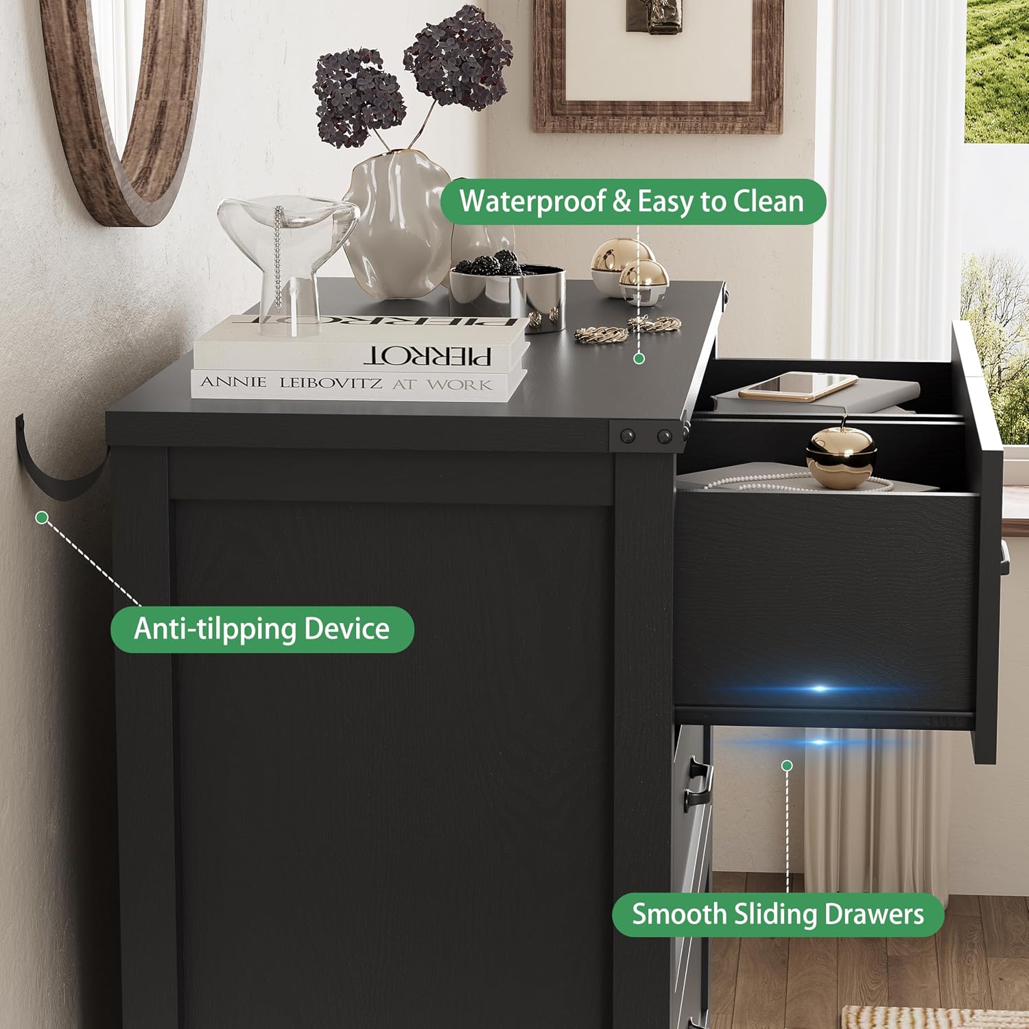 Dresser for Bedroom with 6 Drawers, 49' Tall Wood Chest of Drawers with Deep Drawers & Mental Handle, Modern Dresser TV Stand, Wooden Closet Storage Organizer for Living Room, Hallway, Entryway, Black