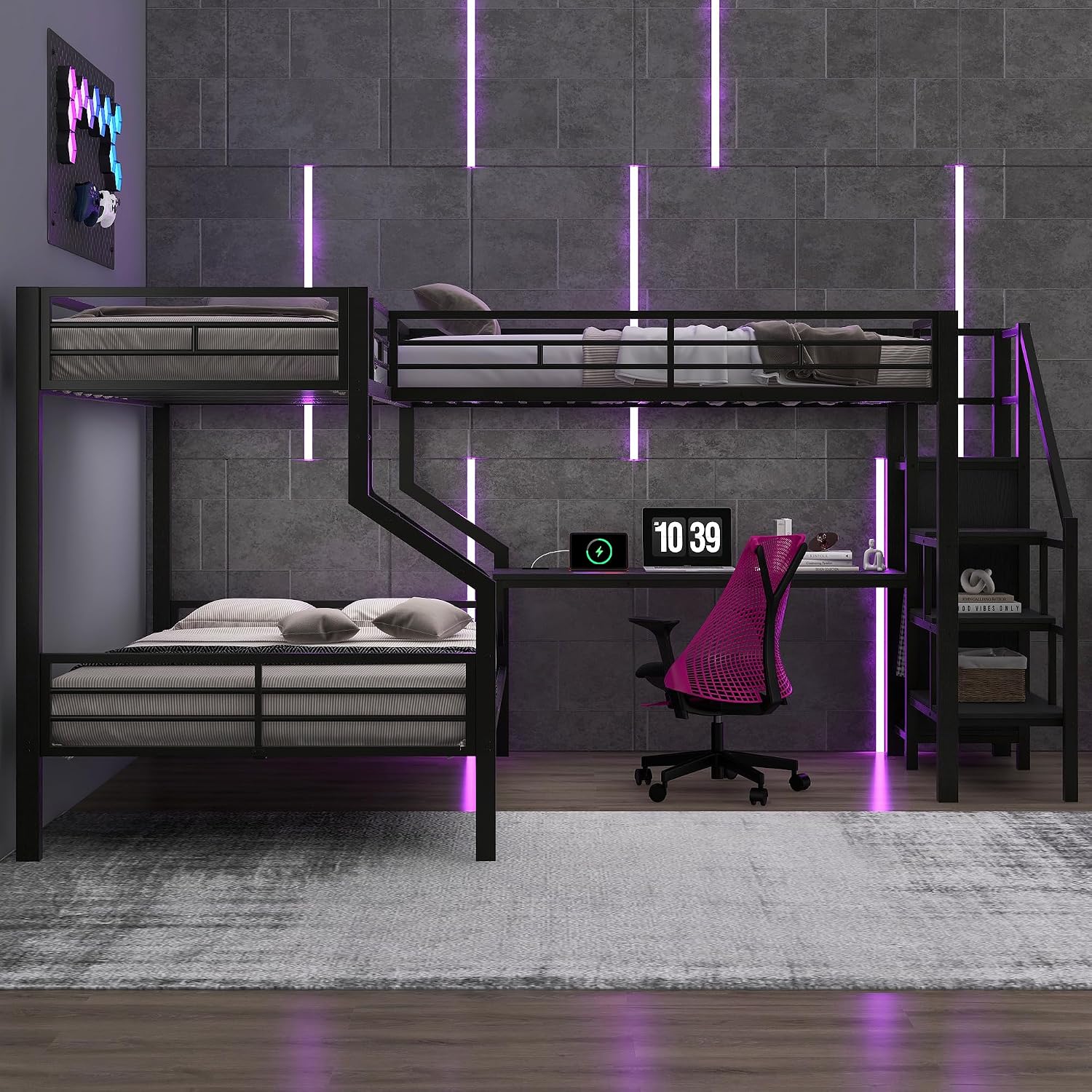 Merax Twin Over Full L-Shaped Metal Loft Bunk Bed with Built-in Desk, Storage Cabinet, and USB Charging Station – Modern Space-Saving Bedroom Set, Black