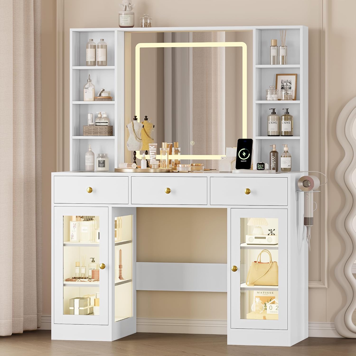 Makeup Vanity Desk with Mirror and Lights, 43' White Vanity with Glass Top, Jewelry Storage, 3 Drawers & Glass Cabinets, Power Outlet & Adjustable LED Lights, Dressing Table for Women & Girls Bedroom