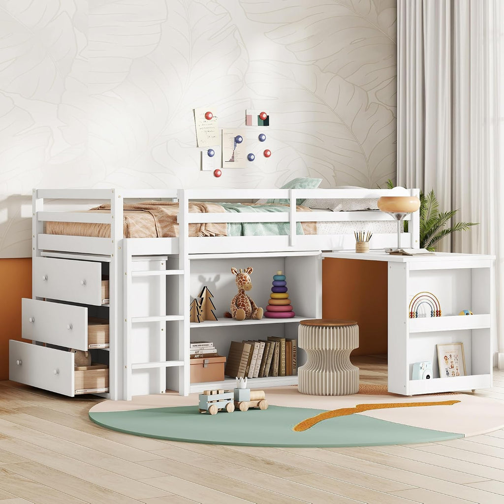 Twin Loft Bed, Multifunctional Loft Bed with Drawer Cabinet, Shelf Cabinet and Pulling-Out Desk, Flexible Under-bed Storage Space, Rubber Wood Loft Bed with Safety Guardrail and Ladder (White/261)