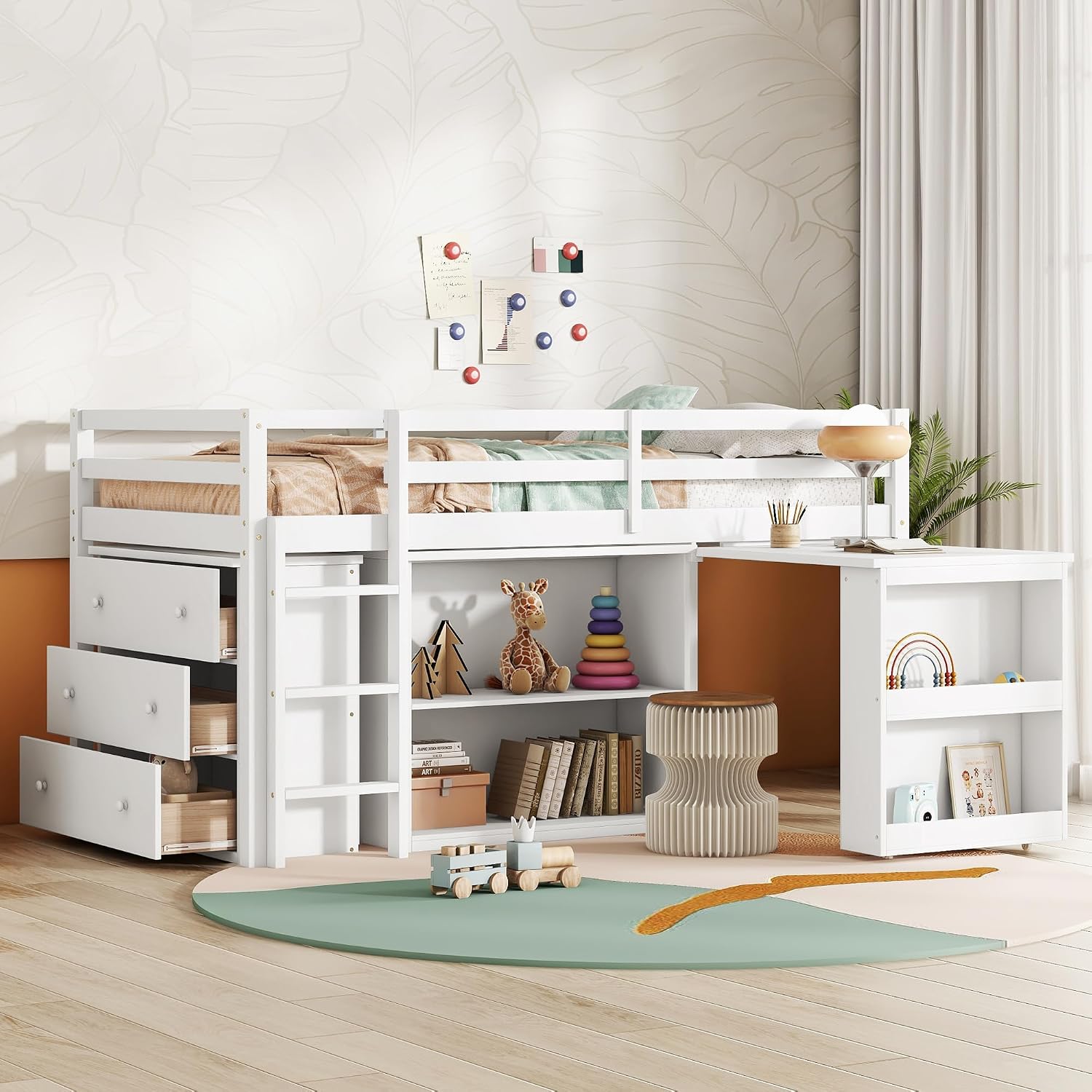 Twin Loft Bed, Multifunctional Loft Bed with Drawer Cabinet, Shelf Cabinet and Pulling-Out Desk, Flexible Under-bed Storage Space, Rubber Wood Loft Bed with Safety Guardrail and Ladder (White/261)
