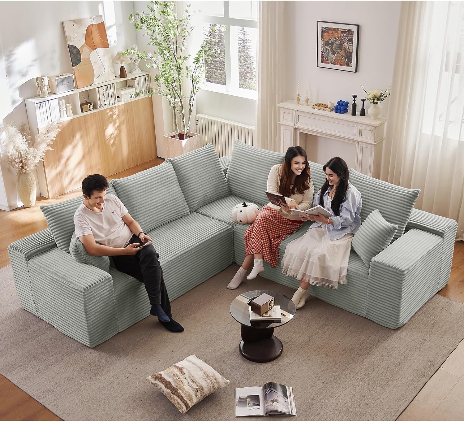 Sectional Cloud Couch for Living Room, Modern Modular Floor Deep-Seat Sofa, Upholstered L Shaped Sofas, Big Comfy Corduroy Couches Set for Living Room Bedroom, No Assembly Required, Grey