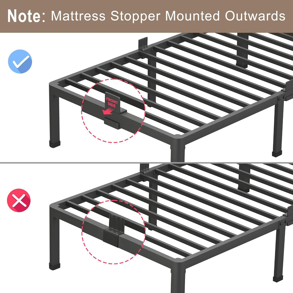 ROIL 18 Inch Queen Size Bed Frame with Mattress Slide Stopper - Double Black Basic Anti Squeak Steel Slats Metal Platform, Heavy Duty Noise Free Easy Assembly Bedframes, No Box Spring Needed
