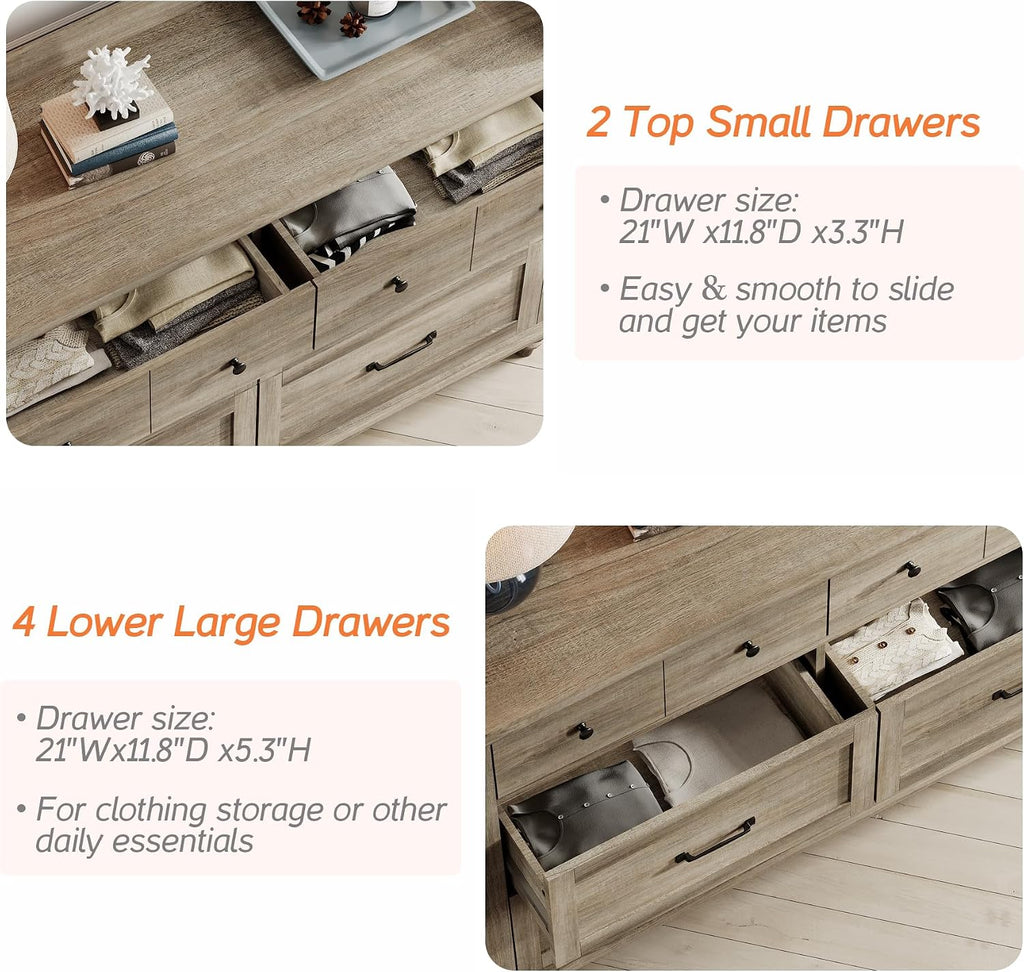 WAMPAT 2 Piece Bedroom Set - Includes 6 Drawer Dresser for Bedroom, Farmhouse Nightstand with Charging Station & Drawers & Cubby, 2 Piece Dresser and Nightstand Sets, Grey