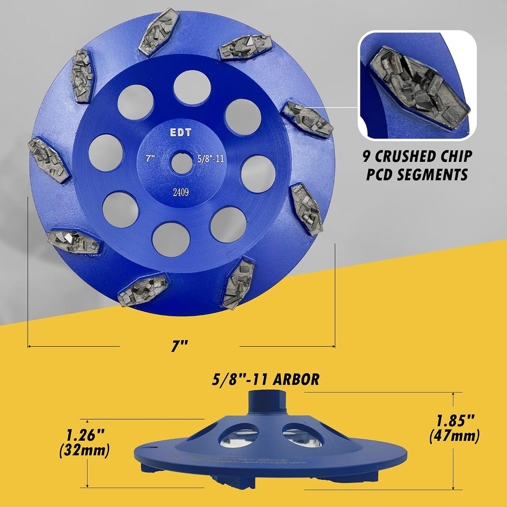 7' PCD Grinding Wheel for Epoxy, Glue, Mastic and Paint, 9 Crushed Chip PCD Segments, 5/8'-11 Threaded Arbor