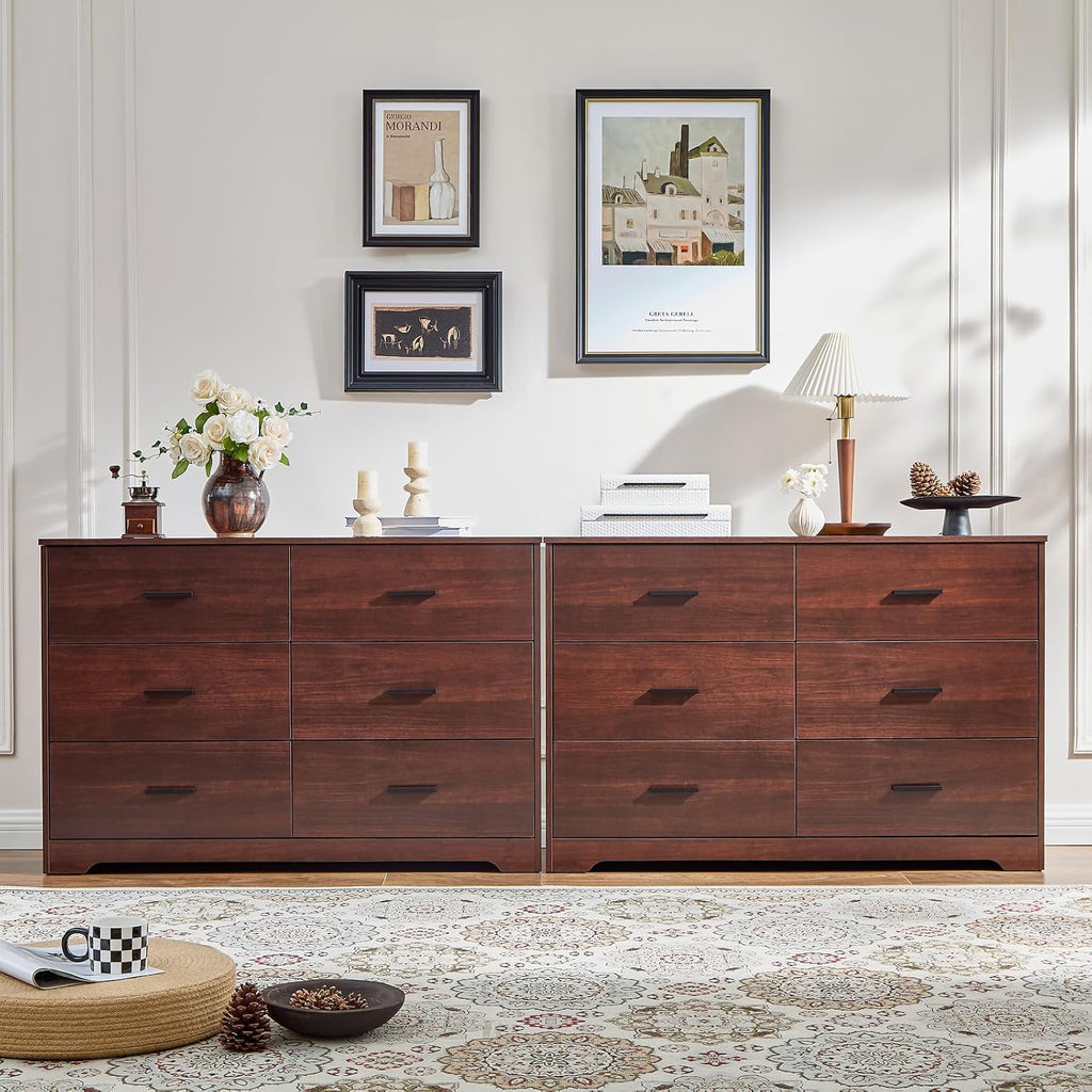 LIDYUK Dark Cherry Dresser for Bedroom, 6 Drawer Dressers & Chests of Drawers, Modern Wood Dresser, 48 Inches Wide Chest of Drawers for Bedroom, Hallway, Living Room