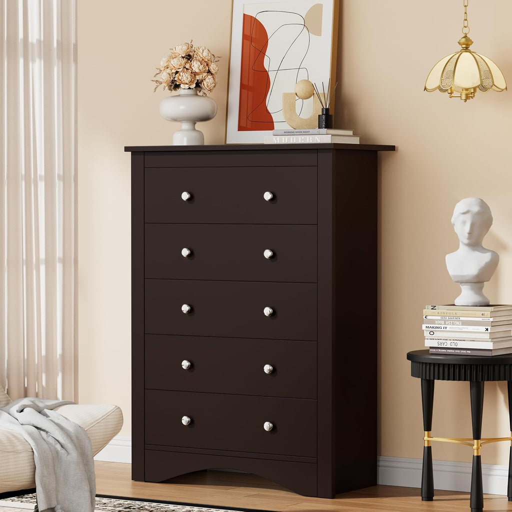 YESHOMY Tall Dresser for Bedroom with 5 Drawers, Modern Chest of Drawers, Wooden Dressers, TV Stand for Living Room,Closet, Hallway (Brown)