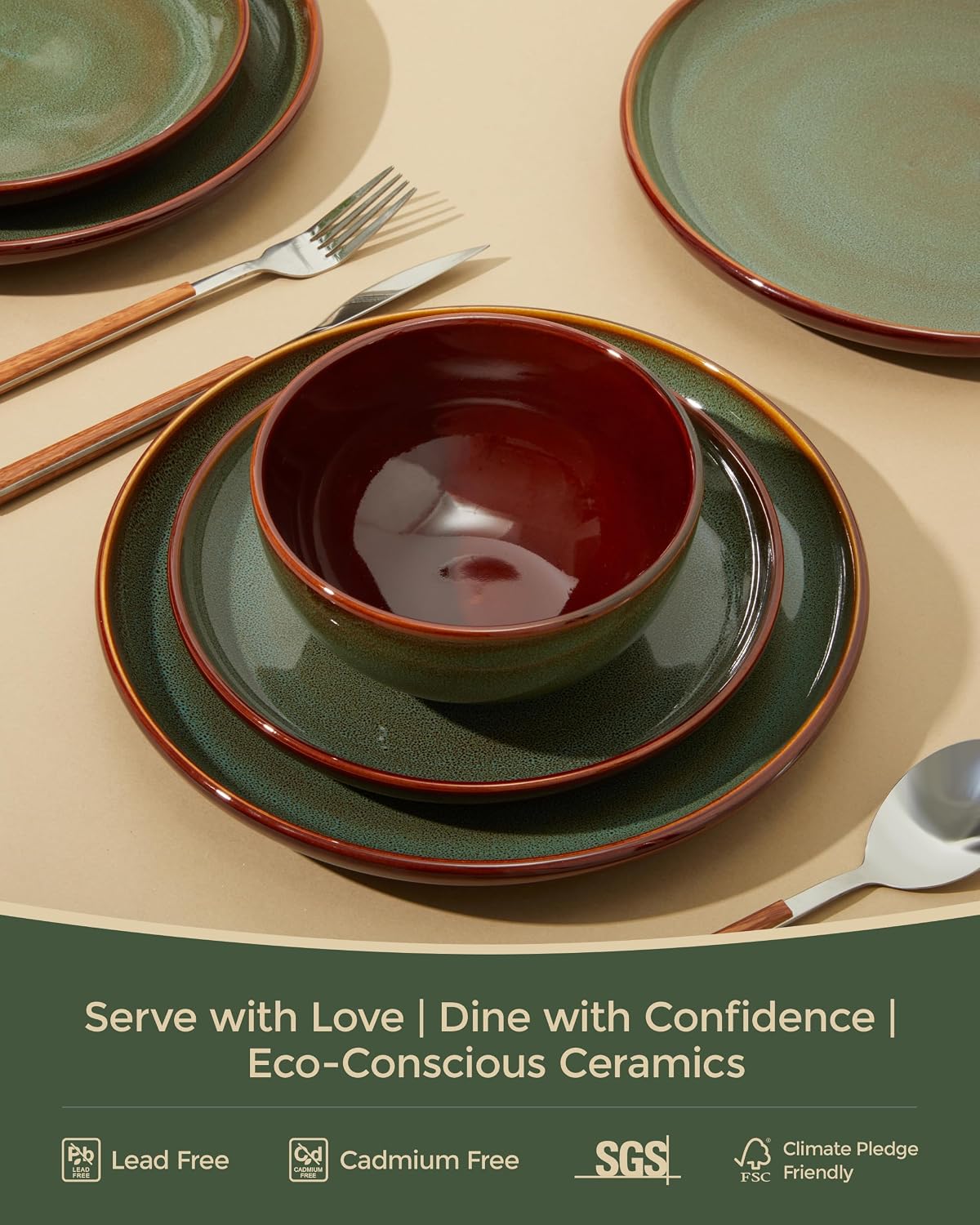 Pokini Stoneware Dinnerware Sets for 6, Microwave Safe Plate and Bowl Set, Easy to Clean & Durable Dishes Sets for Small to Medium Families, Sage Green