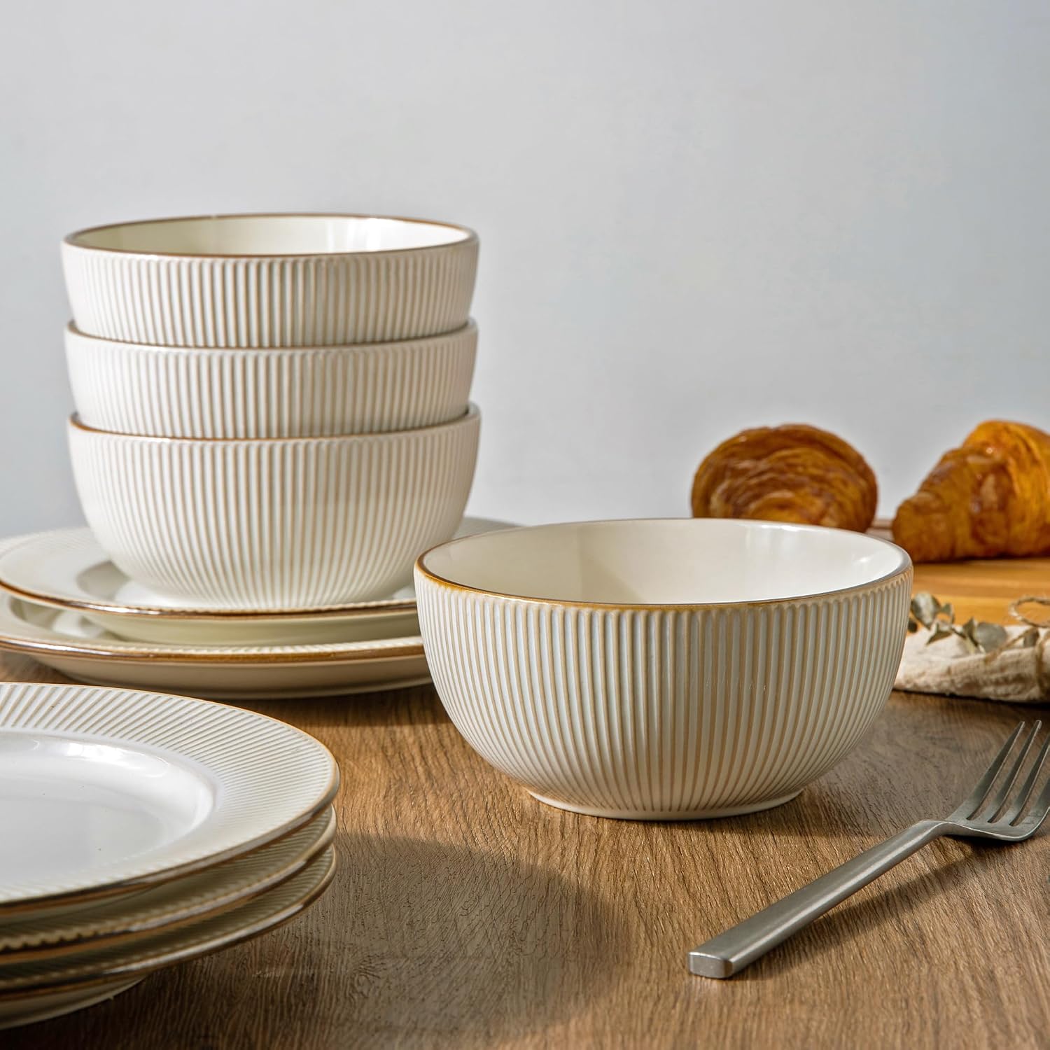 GBHOME Ceramic Dinnerware Sets, 24 pcs Embossed Elegant Stoneware Plates and Bowls Sets, Housewarming Wedding Gift | Dishwasher & Microwave Safe | Dishes Set Service for 8