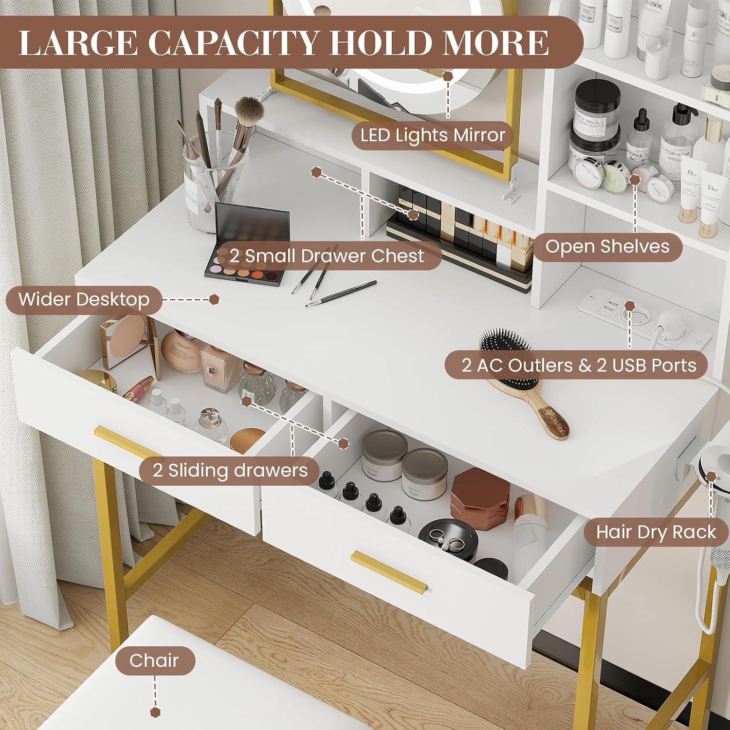 Vanity Desk with Mirror and Light, Makeup Vanity Desk with Rotating Mirror, 3 Colors Adjustable Light, Wood Vanity with 2 Drawers, Stool, Power Outlet, Vanity Set for Bedroom/Dressing Room, Gold