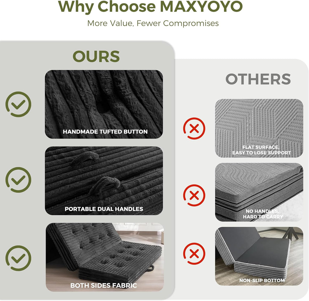 MAXYOYO Folding Sofa Couch Bed, 6 Inch Tri-Fold Floor Sofa Bed, Folding Mattress with Handles, Soft Faux Fur Folding Bed with Supportive Foam Filling, Portable Couch for Living Room, Twin, Black