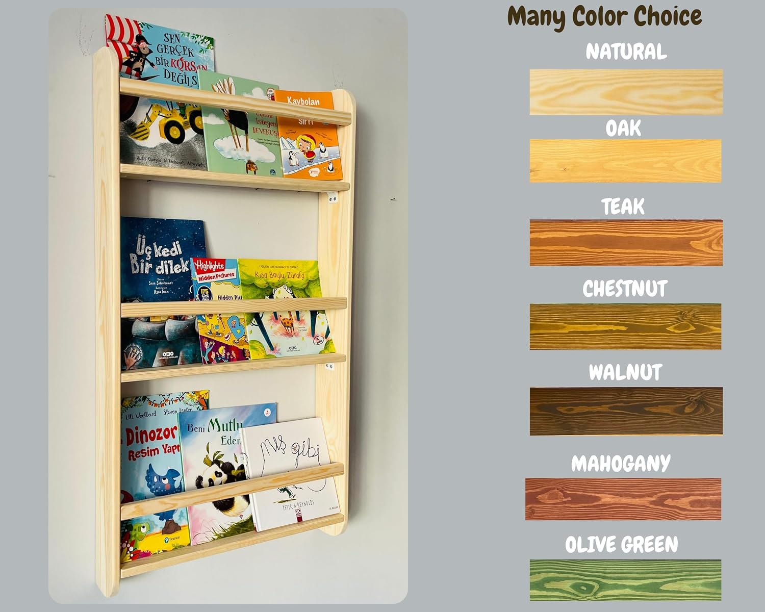 3 Tier Natural Wood Handmade Montessori Kids Bookshelf Wall Mounted Children Bedroom, Nursery (Narrow 13' Width, Chestnut)