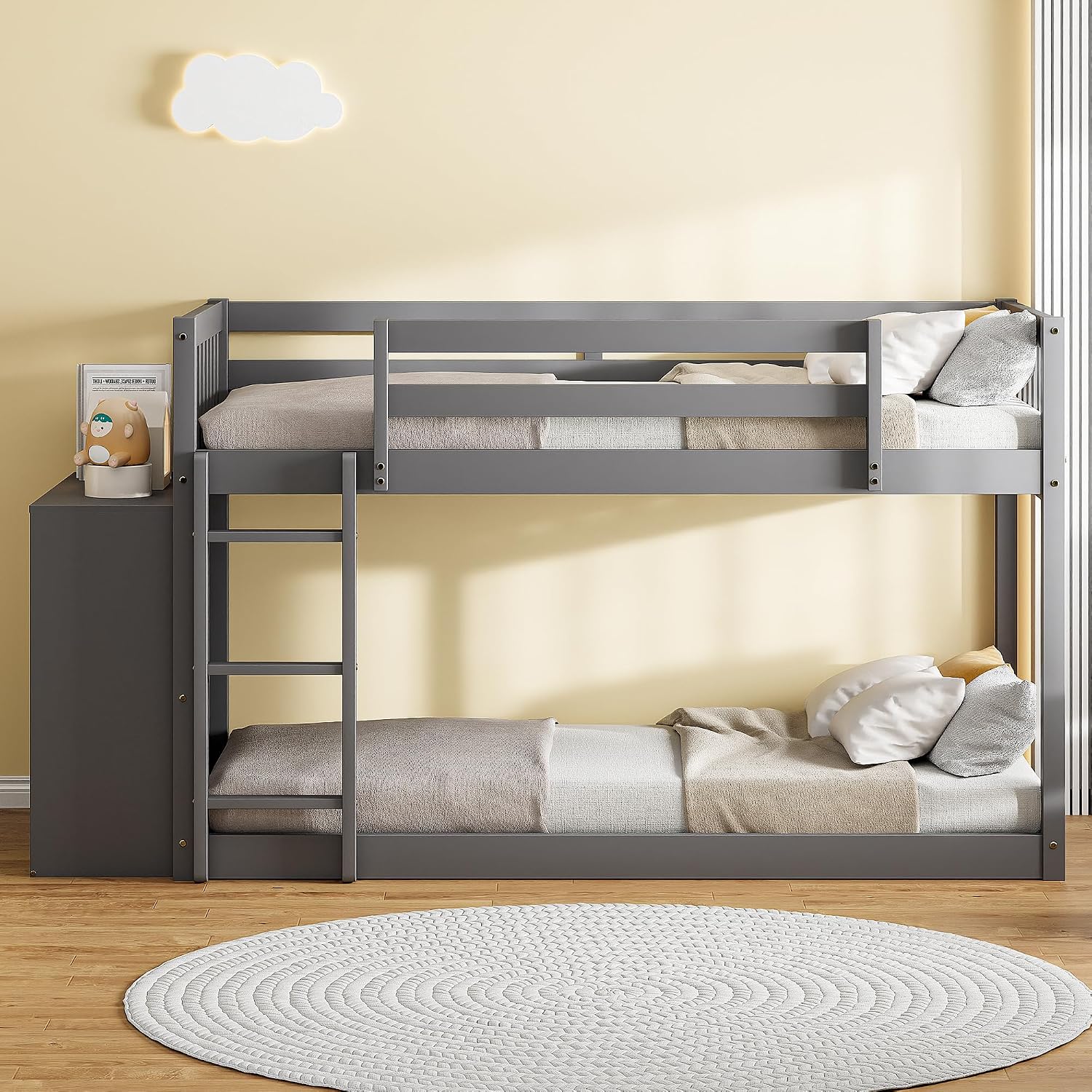 Merax Twin Over Twin Bunk Bed with 4 Drawers and 3 Shelves, Gray Bed Frame Wooden, No Box Spring Needed