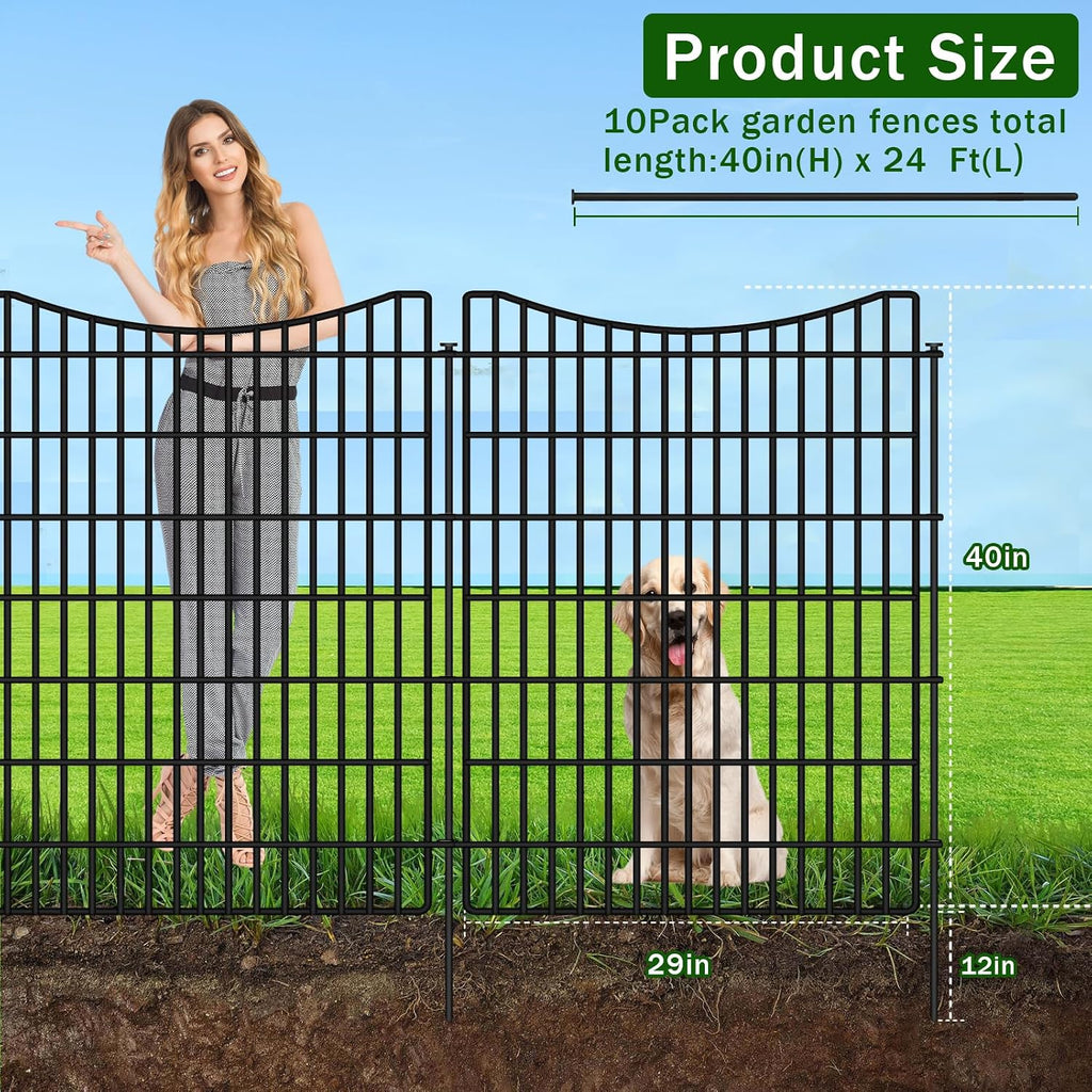 10 Panels Garden Fencing Animal Barrier with Gate, 40 in(H) X 23.6 ft(L) Dog Fence Outdoor for Yard, No Dig Temporary Tall Fence Rustproof Metal Wire Panel Border for Dog, Rabbits, and Patio