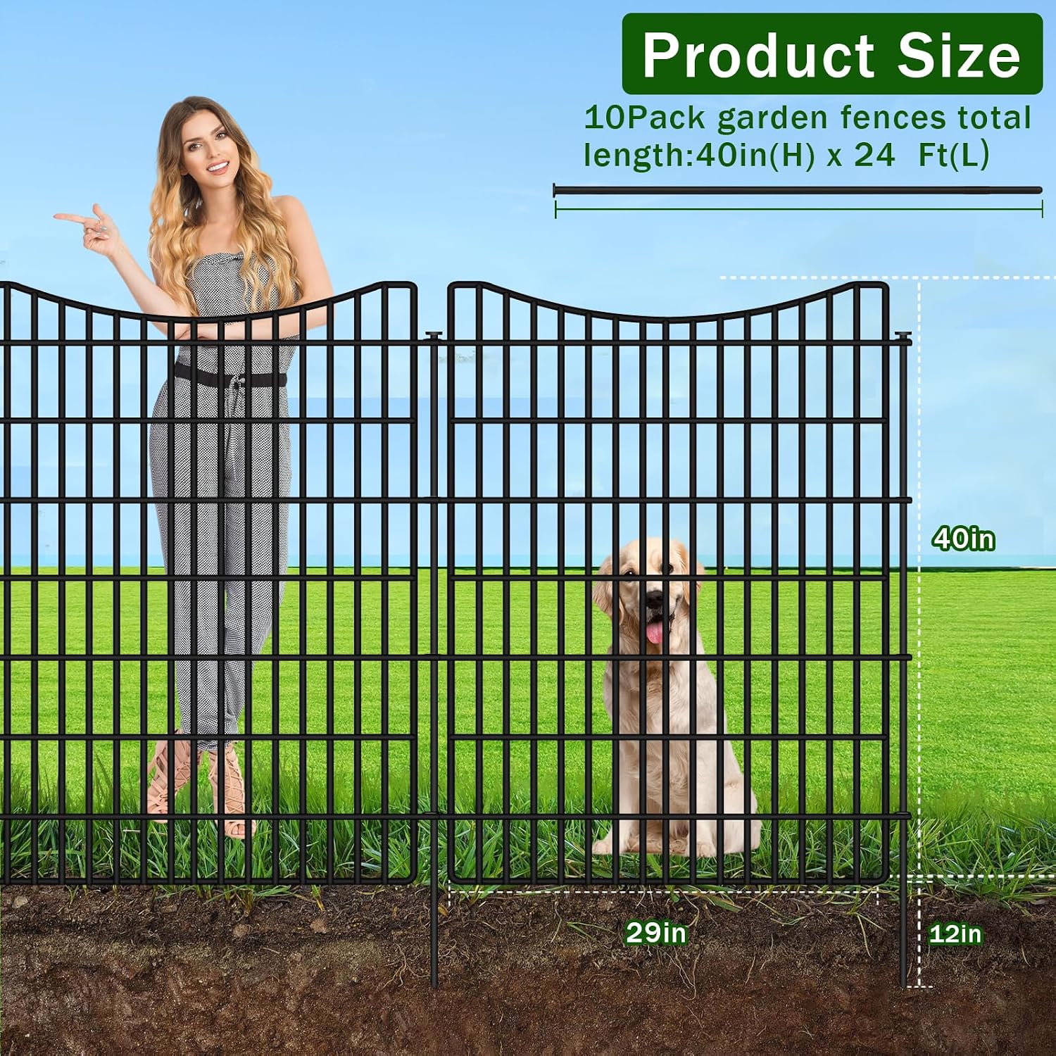 10 Panels Garden Fencing Animal Barrier with Gate, 40 in(H) X 23.6 ft(L) Dog Fence Outdoor for Yard, No Dig Temporary Tall Fence Rustproof Metal Wire Panel Border for Dog, Rabbits, and Patio