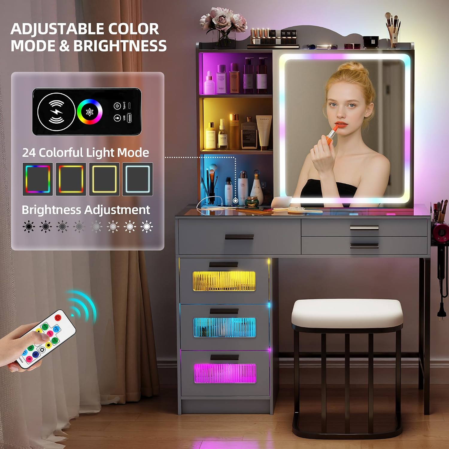 Glass Top Makeup Vanity Desk with RGB LED Light & Adjustable Mirror, Modern Makeup Dresser with Charging Station,Vanity Table Set with 6 Drawers & Hair Dryer Holder for Bedroom,Grey
