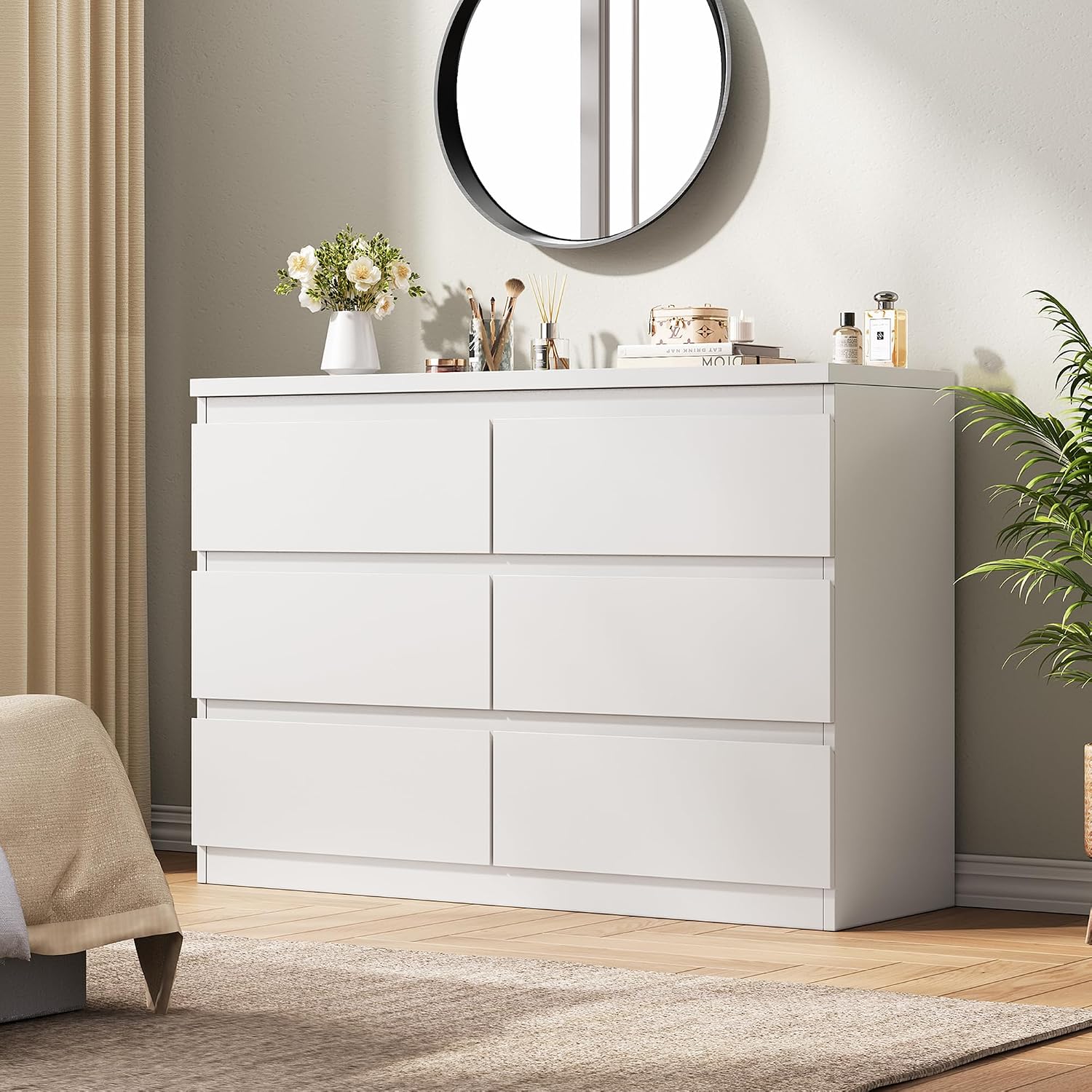 Jocoevol Modern 6 Drawer Dresser White Dresser for Bedroom, Simply Chest of Drawers, Wood Storage Dresser with Deep Drawers for Living Room Hallway Entryway, White