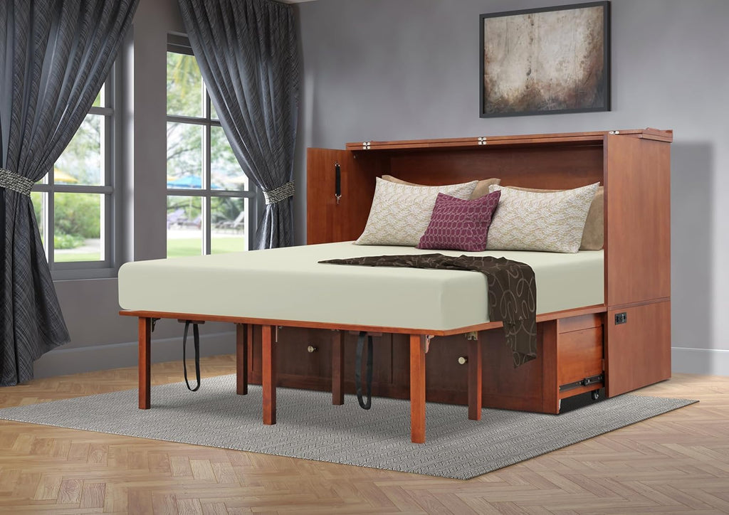 Mega Solutions Notturno Murphy Cabinet Bed Queen 8 inch Save Space in Style with Elegant Cognac Wood Finish Charging Station - Guest Room or Small Apartment Must-Have