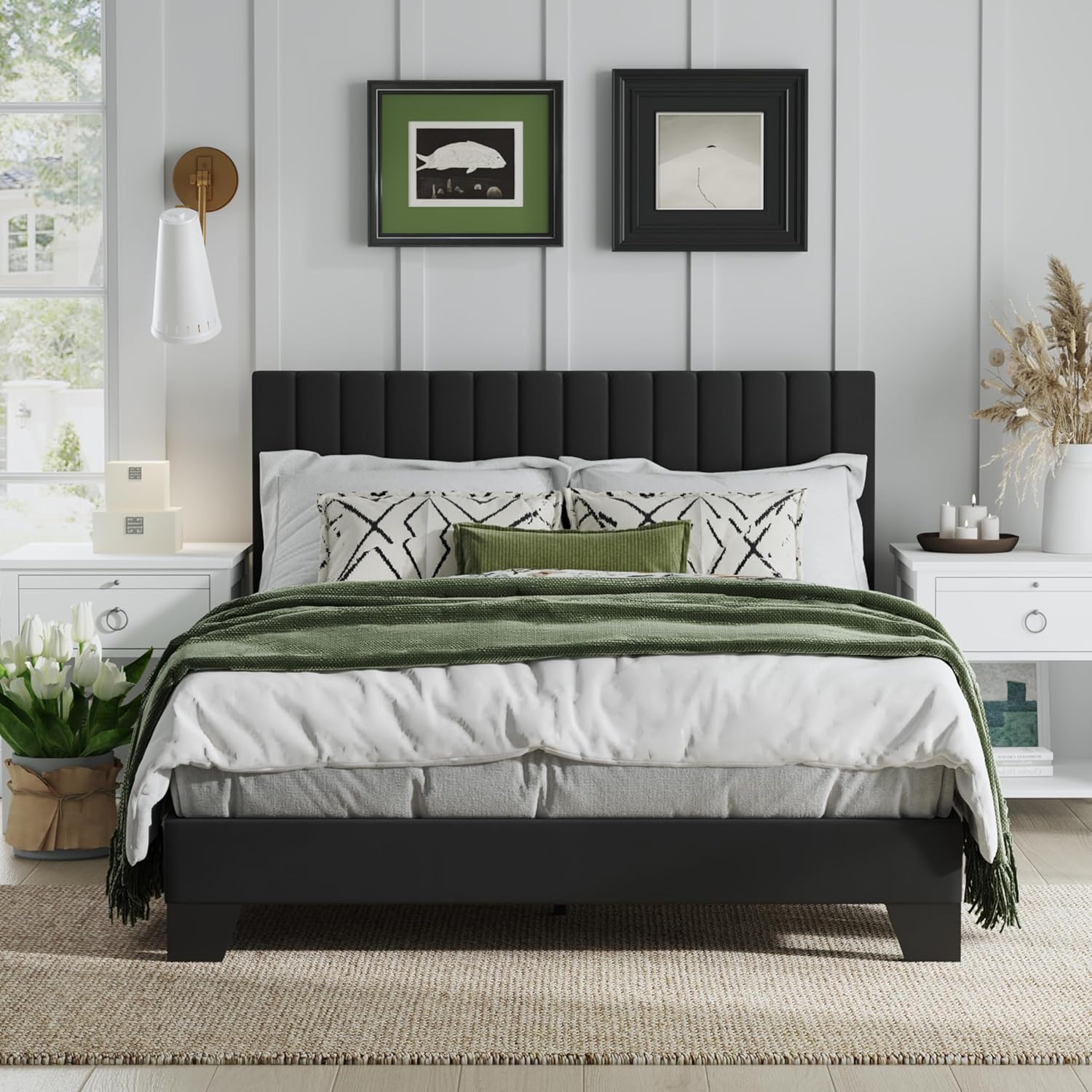 Full Size Bed Frame, Velvet Upholstered Platform Bed with Adjustable Tufted Headboard, Sturdy Frame and Slats, Noiseless, No Box Spring Required, Easy to Assemble, Black
