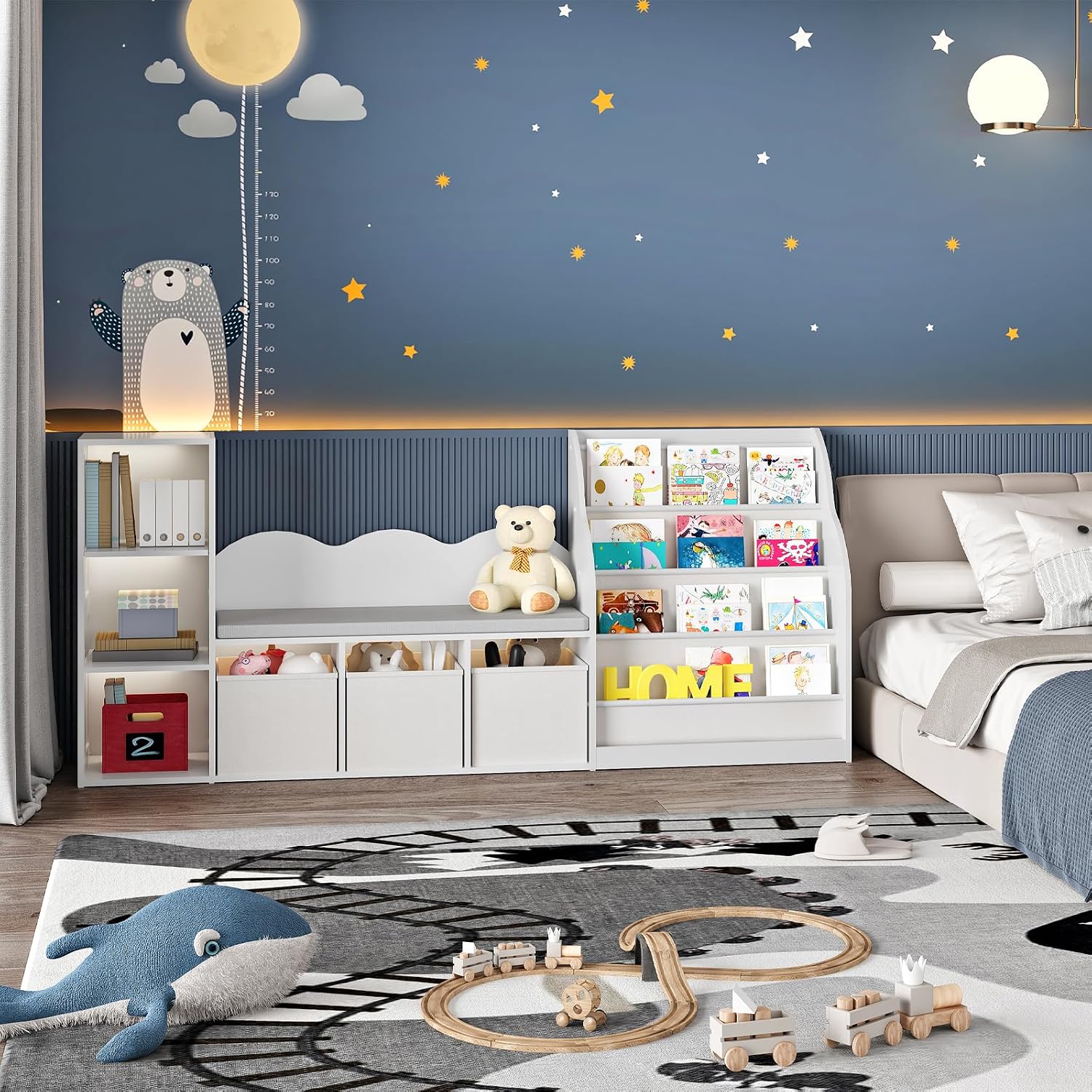 CHOEZON 66.9' Kids Bookshelf with Reading Nook, 3-in-1 Kids Bookcase with Cushion and Sling Shelf, Toy Chest Storage with Fabric Drawers, Reading Nook for Kids, for Playroom, Nursery, White MCW08WB