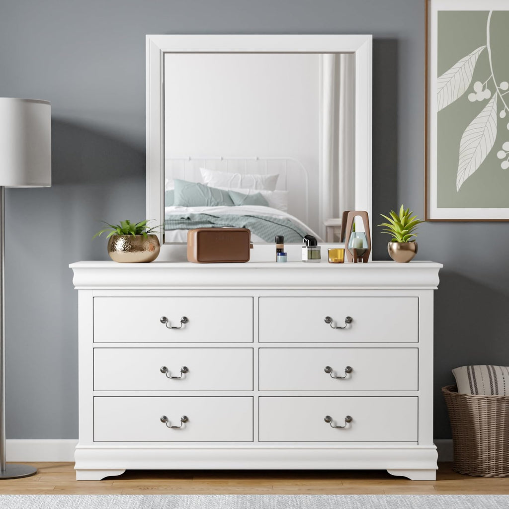 Furniture of America Arabella Traditional Wooden 6 Drawer Dresser with Mirror, Vintage Bedroom Set, Accent Vanity Dressing Table with Antique Nickle Handles for Dressing Room, Walk-in Closet, White