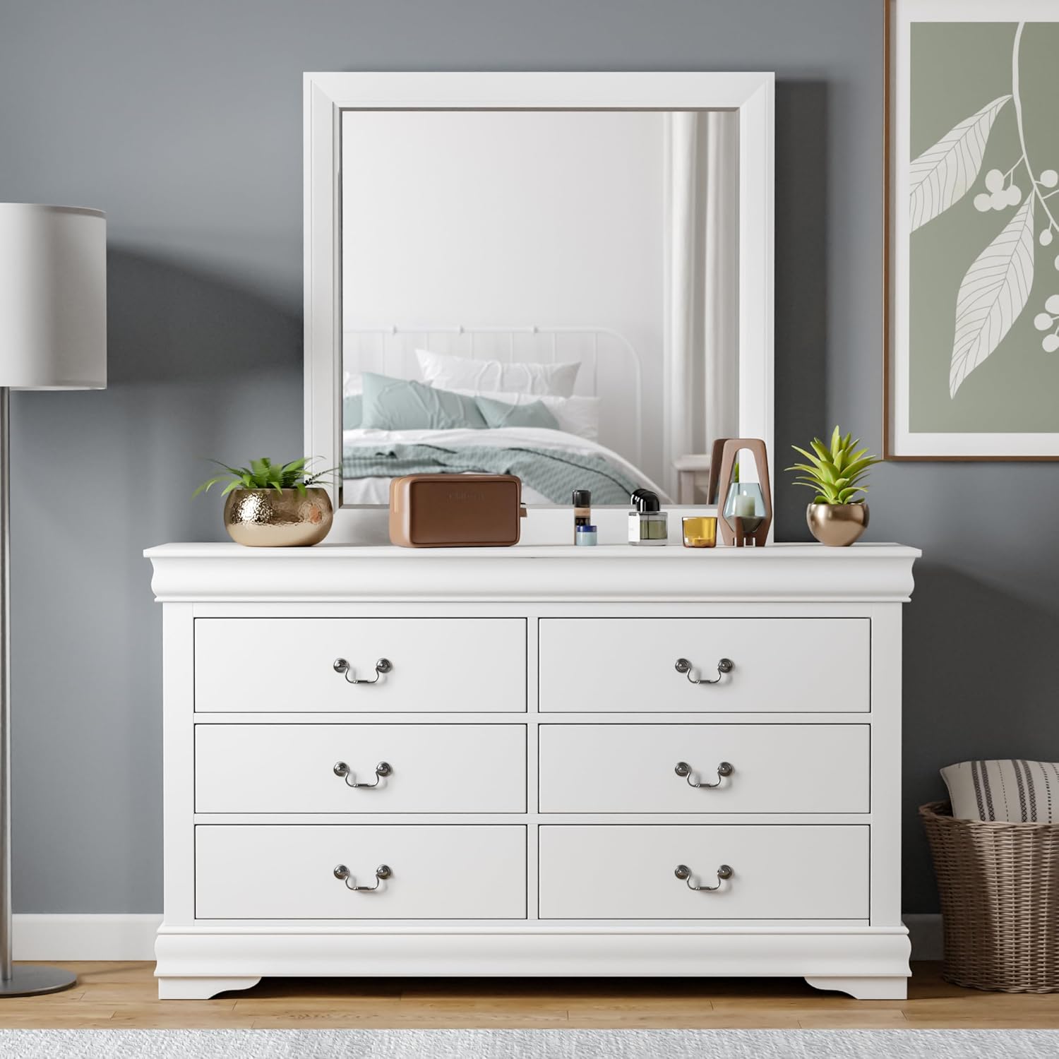 Furniture of America Arabella Traditional Wooden 6 Drawer Dresser with Mirror, Vintage Bedroom Set, Accent Vanity Dressing Table with Antique Nickle Handles for Dressing Room, Walk-in Closet, White