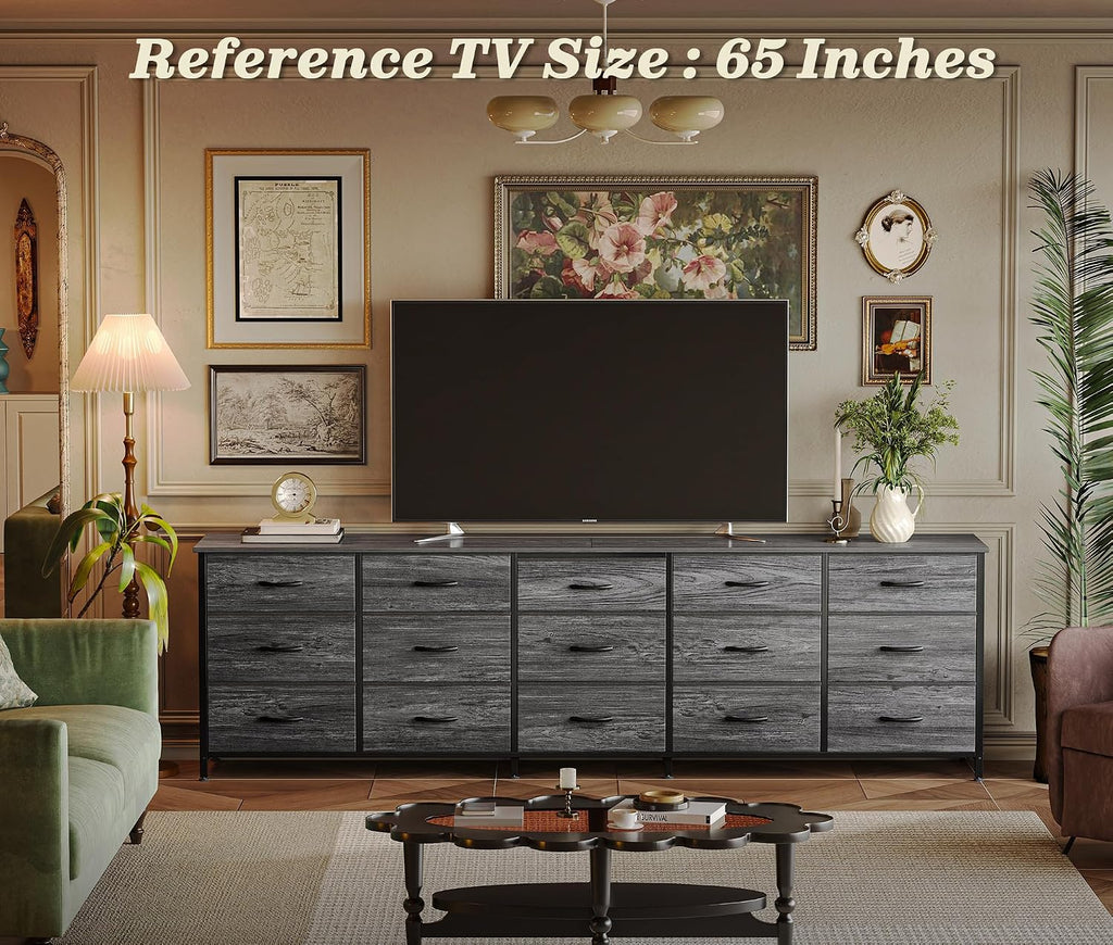 Huuger 78.7 inch Long Dresser for Bedroom, 15 Drawer Fabric Dresser for Closet, Large TV Stand for 65, 75, 85 inch TV, Wide Chest of Drawer with Storage, 78.7' W x 12.9' D x 26.7' H, Grey