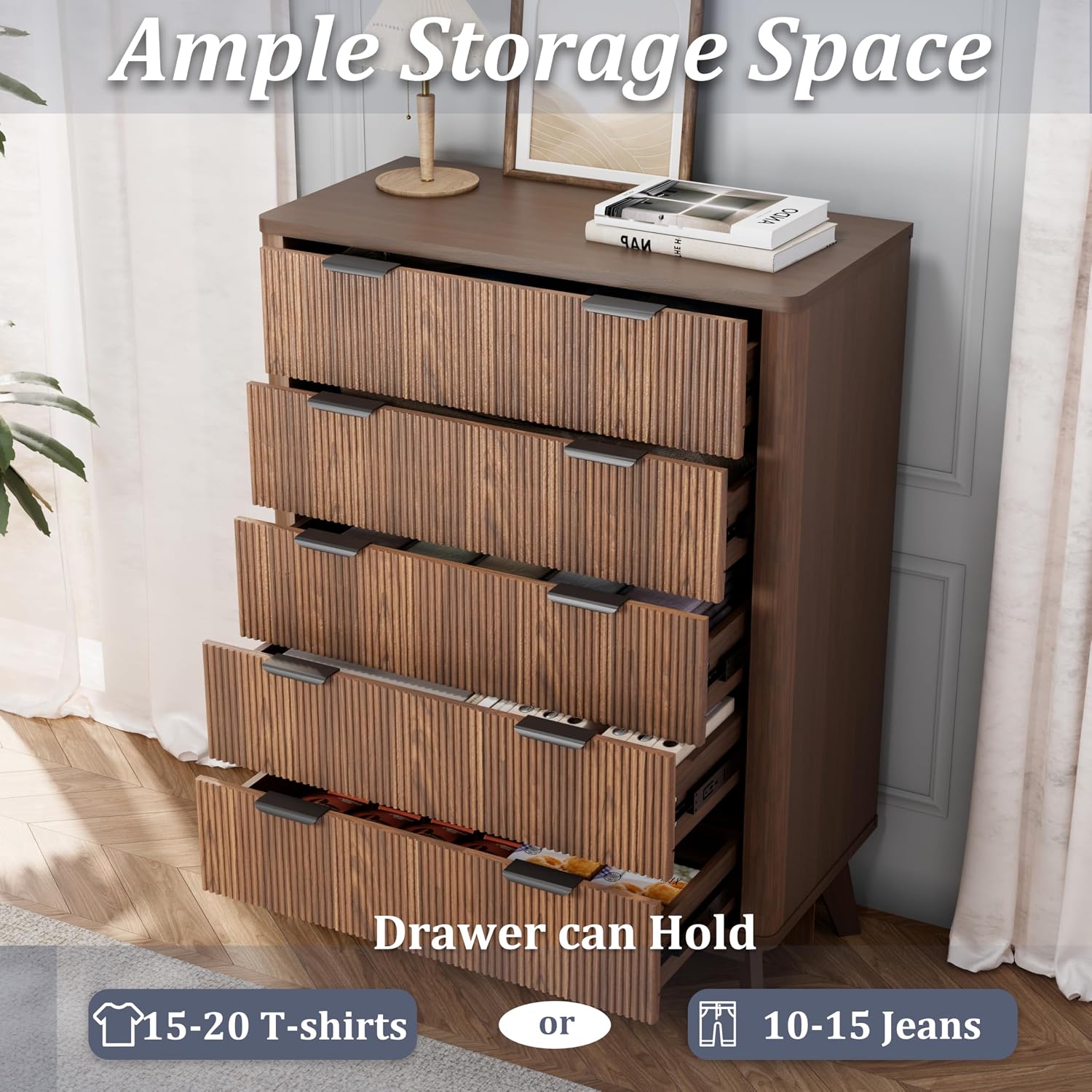 Royal Windsor Fluted 5 Drawers Dresser for Bedroom,43' Tall Wooden Dresser Chest of Drawers,Curved Profile Design,Storage Organizer for Living Room,Hallway,Brown