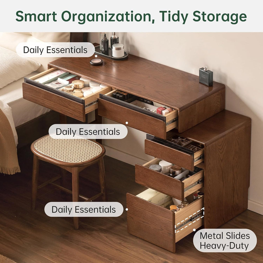 YESWOOD 40''-49'' Extendable Vanity Desk with Dresser, Oak Wood Makeup Table for Girls, Vanity Set for Bedroom, Bathroom, Study Desk for Study Room, No Chair and No Mirror