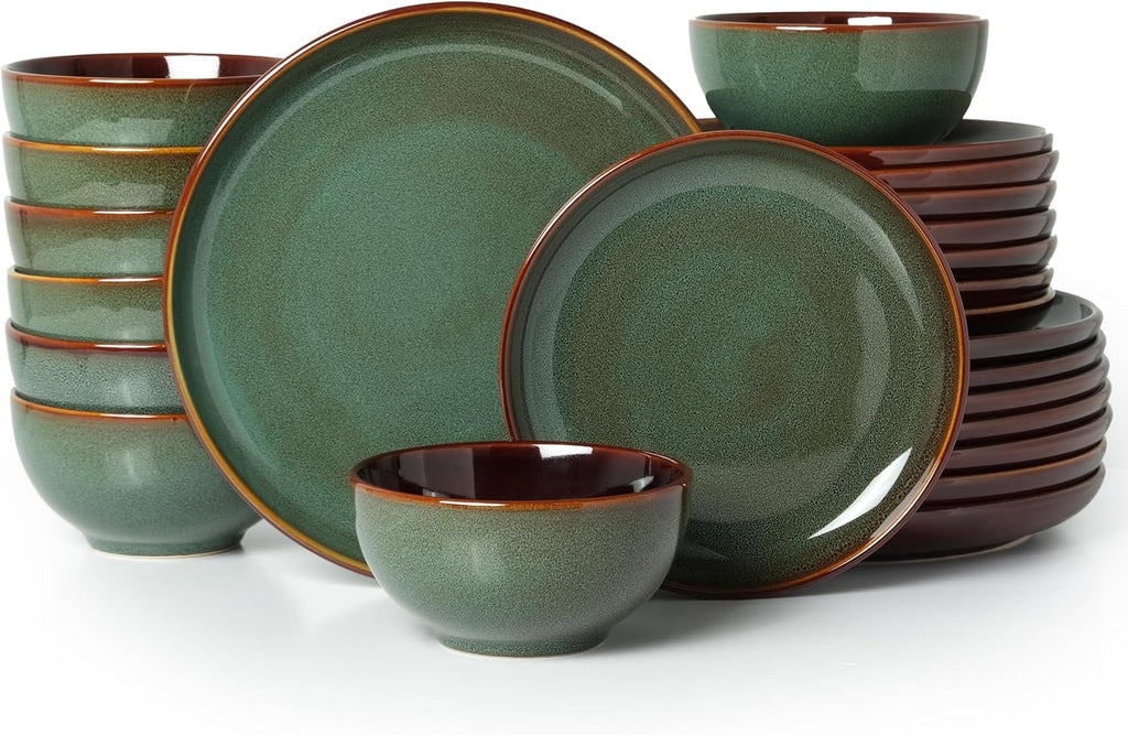 Pokini Plates and Bowls Sets for 8, 24 Piece Dinnerware Set for Large Families & Entertaining, Elegant Design, Dishwasher & Microwave Safe, Chip Resistant and Durable, Sage Green