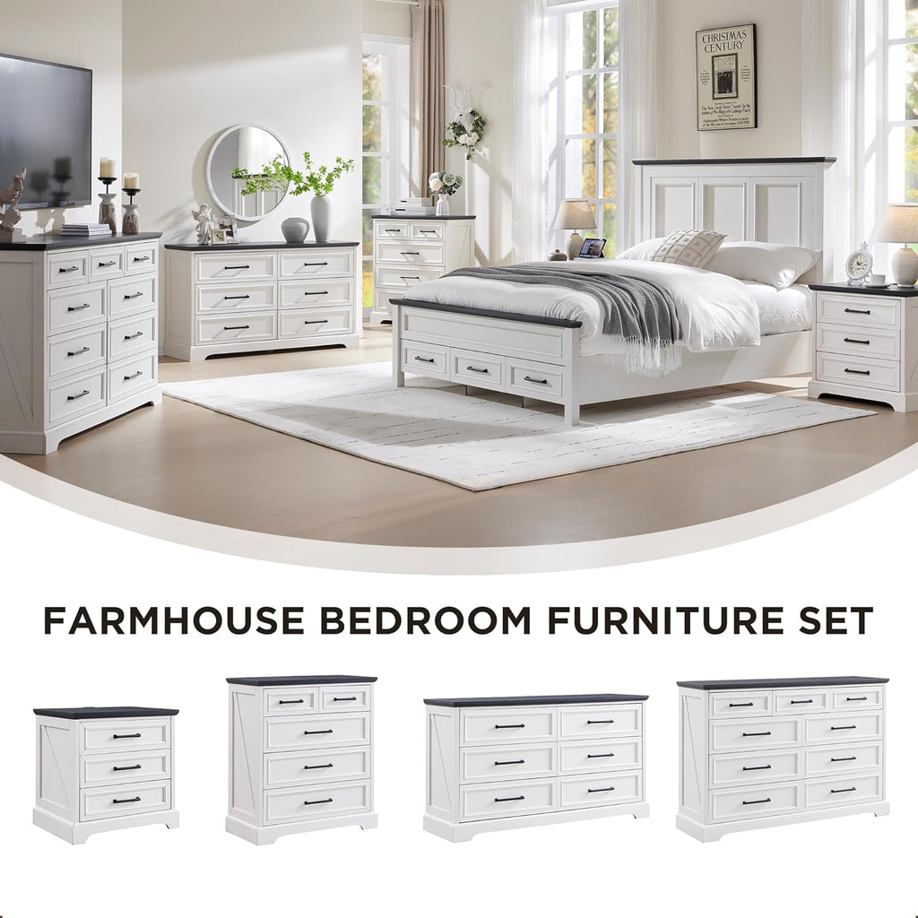 ACCOHOHO Farmhouse 9 Drawer Dresser for Bedroom, 36 Inch Tall Modern Dresser TV Stand with Large Drawers & Bar Handles, Rustic Wood Chest of Drawers for Bedroom, Living Room, Hallway, Off White