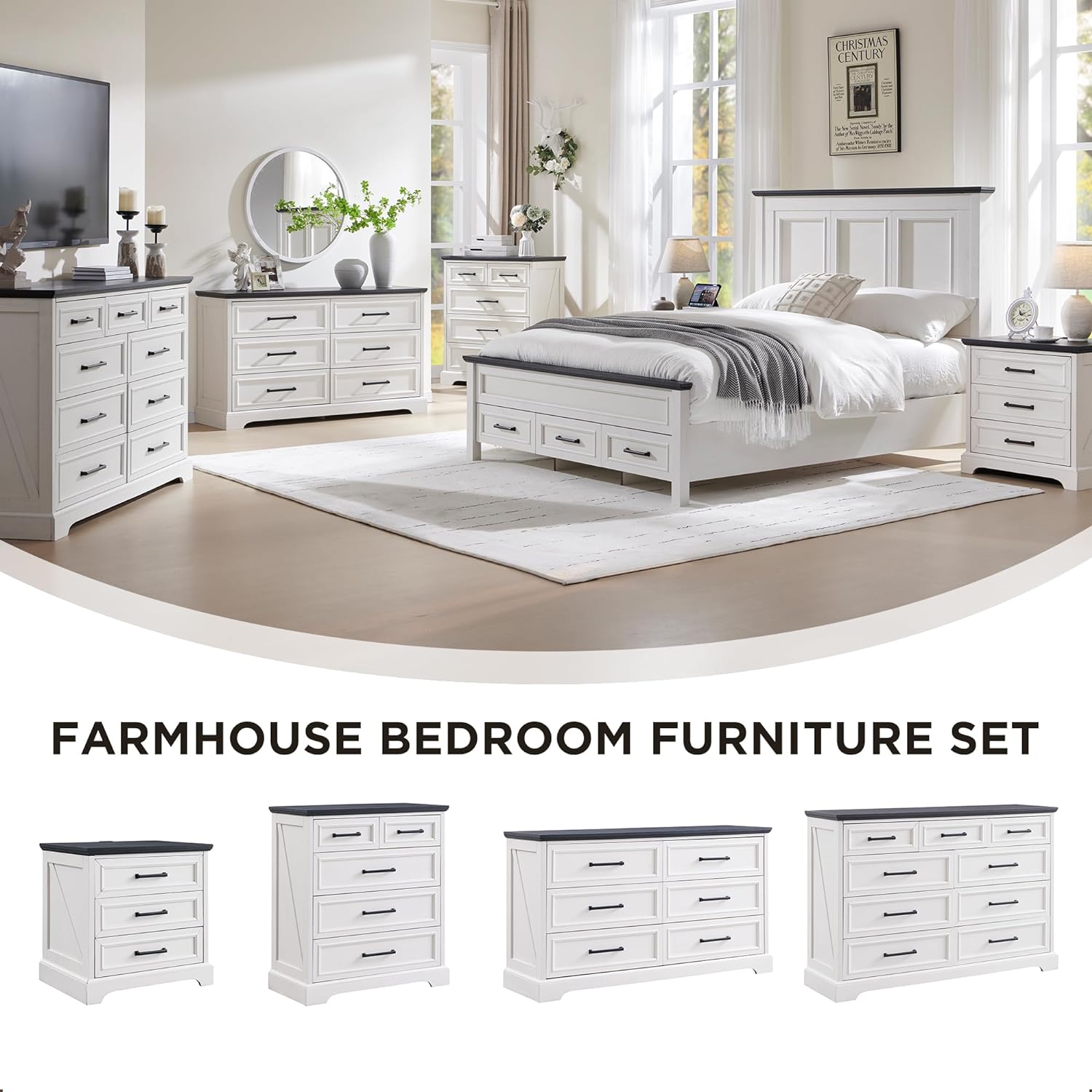 ACCOHOHO Farmhouse 9 Drawer Dresser for Bedroom, 36 Inch Tall Modern Dresser TV Stand with Large Drawers & Bar Handles, Rustic Wood Chest of Drawers for Bedroom, Living Room, Hallway, Off White