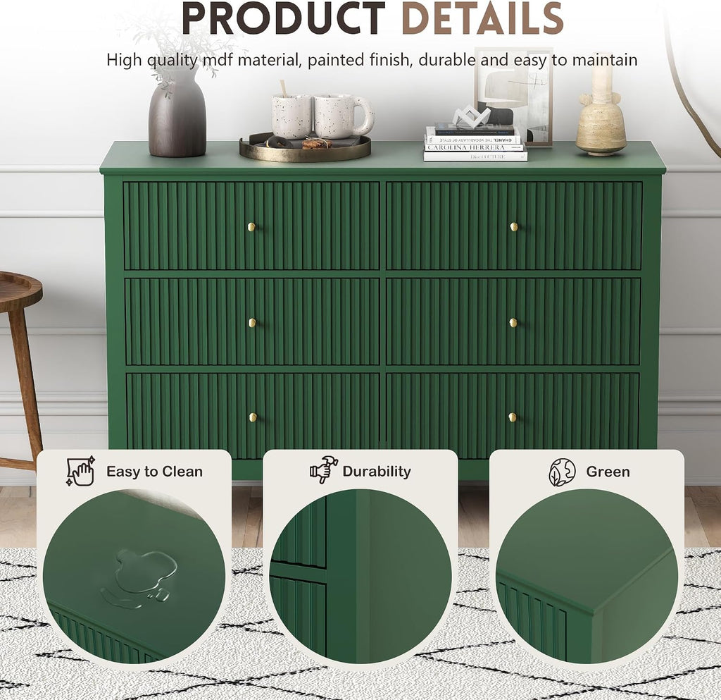 Green Dresser for Bedroom, 6 Drawers Fluted Chest of Drawers with Storage, Modern 47'' Wide Dresser with Paint Design, Wood Drawer Organizer Dressers for Entryway, Hallway