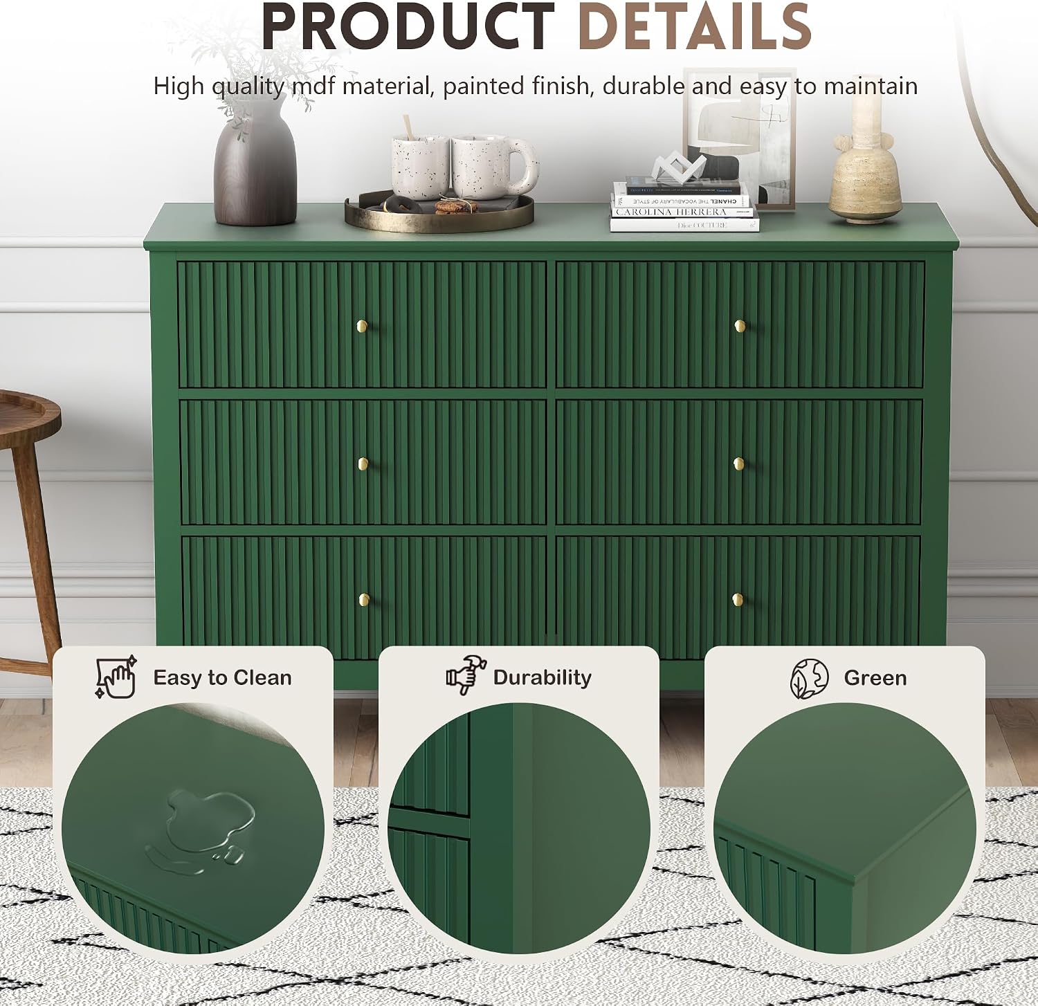 Green Dresser for Bedroom, 6 Drawers Fluted Chest of Drawers with Storage, Modern 47'' Wide Dresser with Paint Design, Wood Drawer Organizer Dressers for Entryway, Hallway