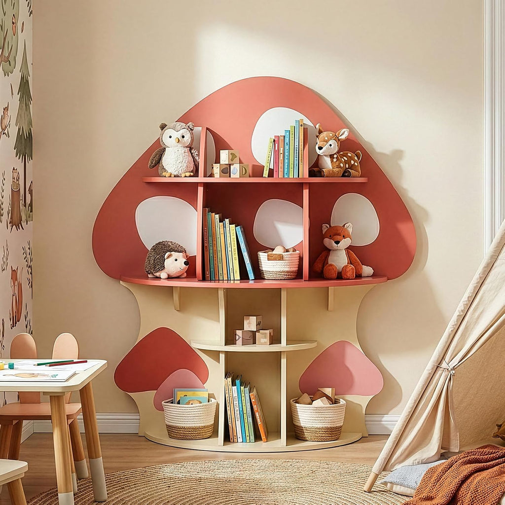 Karl home Children Mushroom Bookcase, Toddler Tree Bookshelf for Kids, Baby Montessori Bookshelf and Toy Storage, Kids Room Furniture, Display Shelf for Bedroom, Nursery, Playroom, Red-Orange