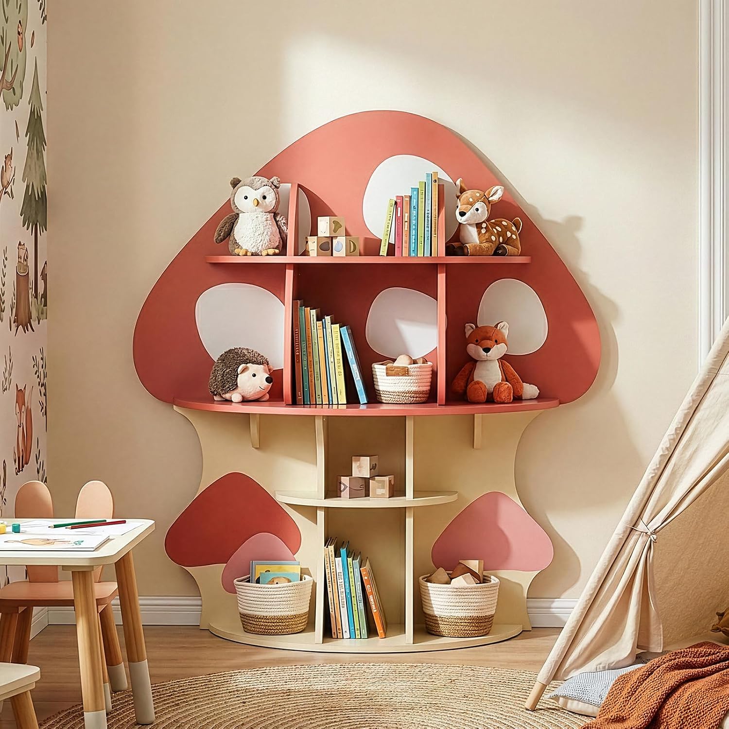Karl home Children Mushroom Bookcase, Toddler Tree Bookshelf for Kids, Baby Montessori Bookshelf and Toy Storage, Kids Room Furniture, Display Shelf for Bedroom, Nursery, Playroom, Red-Orange