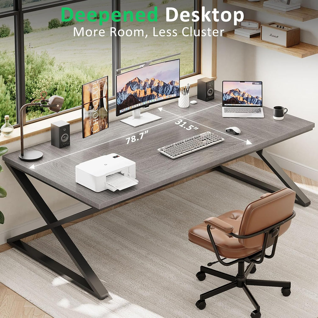 IBF Extra Large Desk, 78.7' Long Home Office Computer Desk, Simple Wide Work Desks for Writing Study in Bedroom, Industrial Wood Metal Game Desks Executive Workstation Conference Table, Light Grey Oak